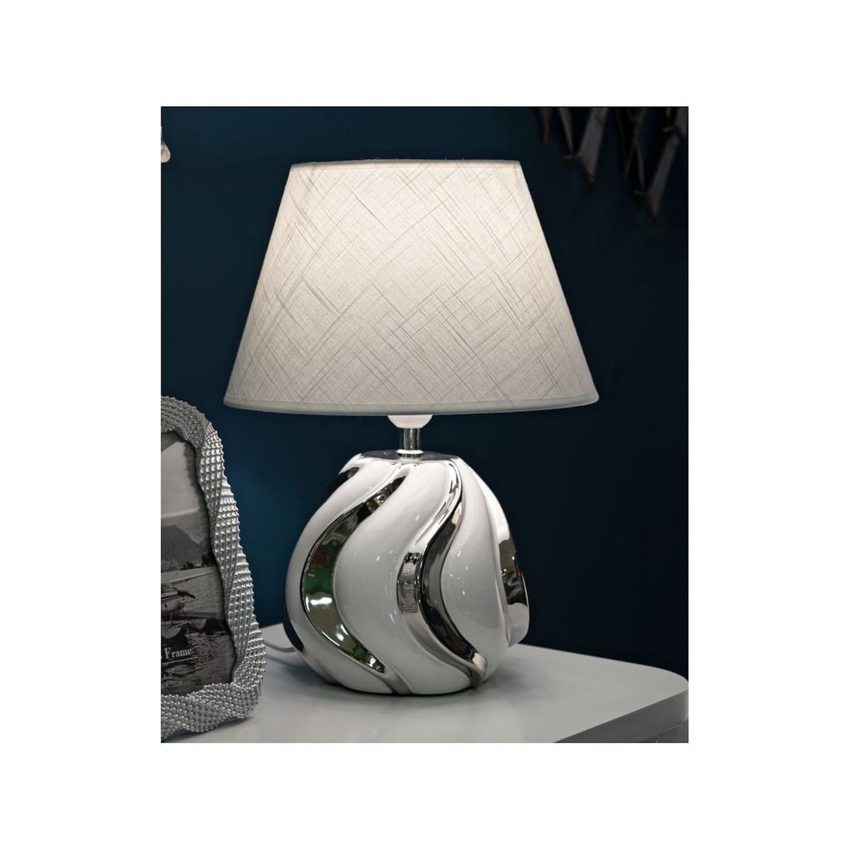 Paris Prix Lampe à Poser en Céramique  Shiney  42cm Blanc & Argent