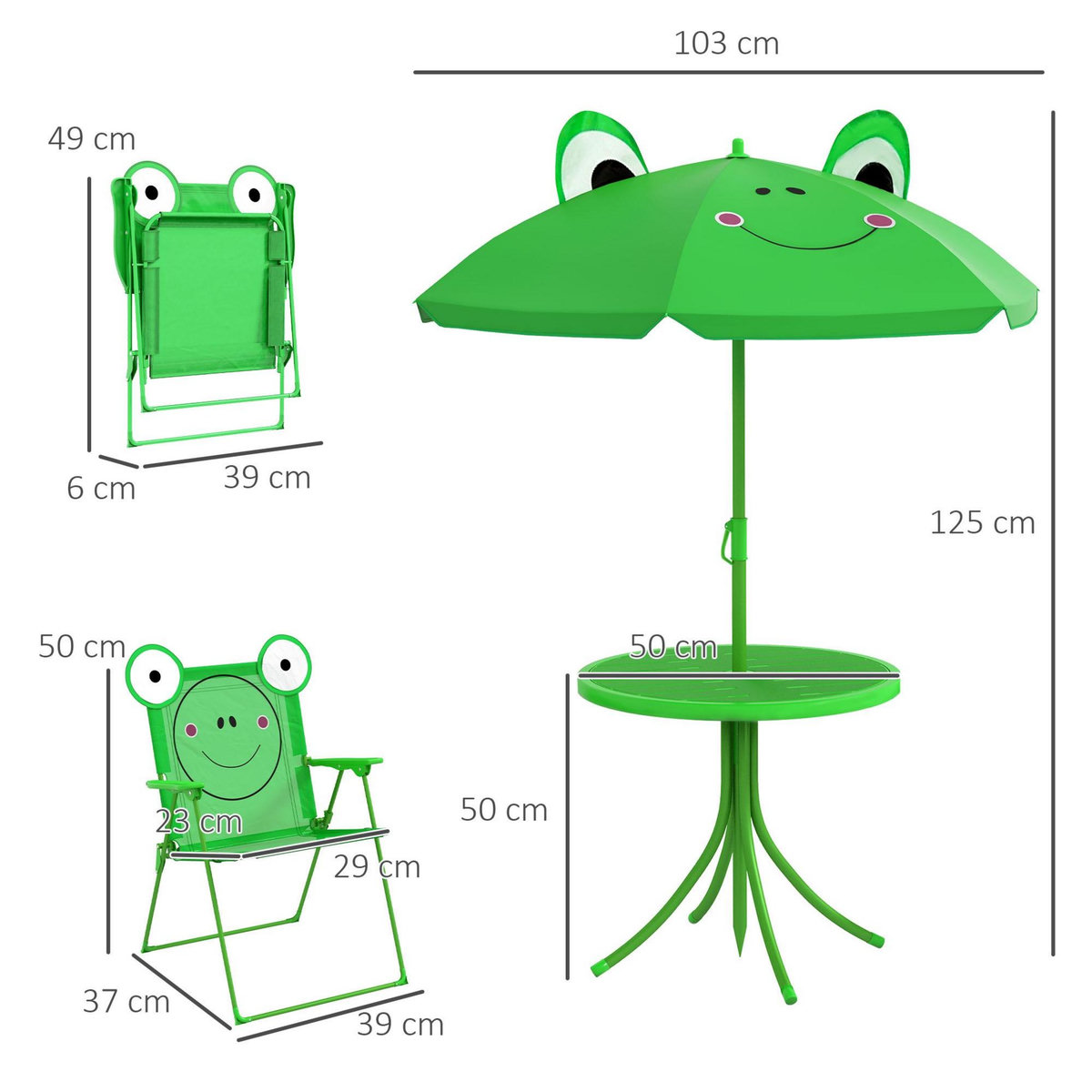 OUTSUNNY Ensemble salon de jardin enfant 4 pcs design grenouille - table ronde + 2 chaises pliables + parasol - métal époxy oxford vert