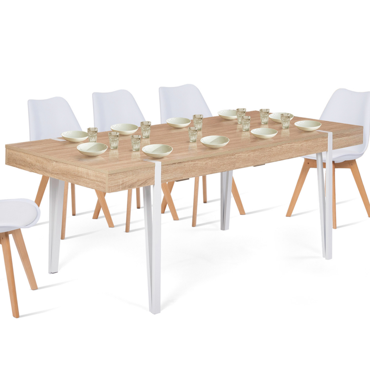 ID MARKET Table à manger rectangle AUSTRIA 10 personnes bois pieds épingle blanc 200 cm