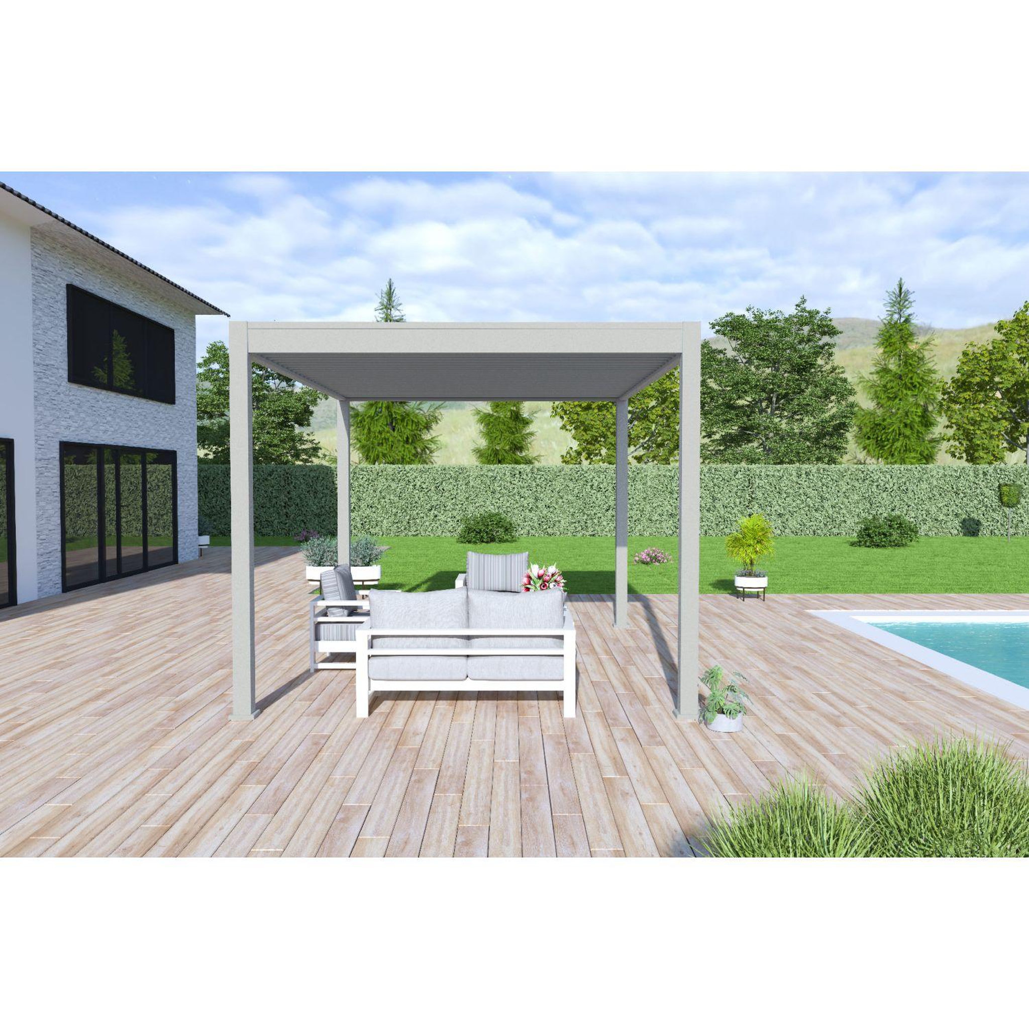 Voir la diapositive 4 : Pergola Bioclimatique autoportée - Aluminum Gris perle - 3x4m OMBREA®