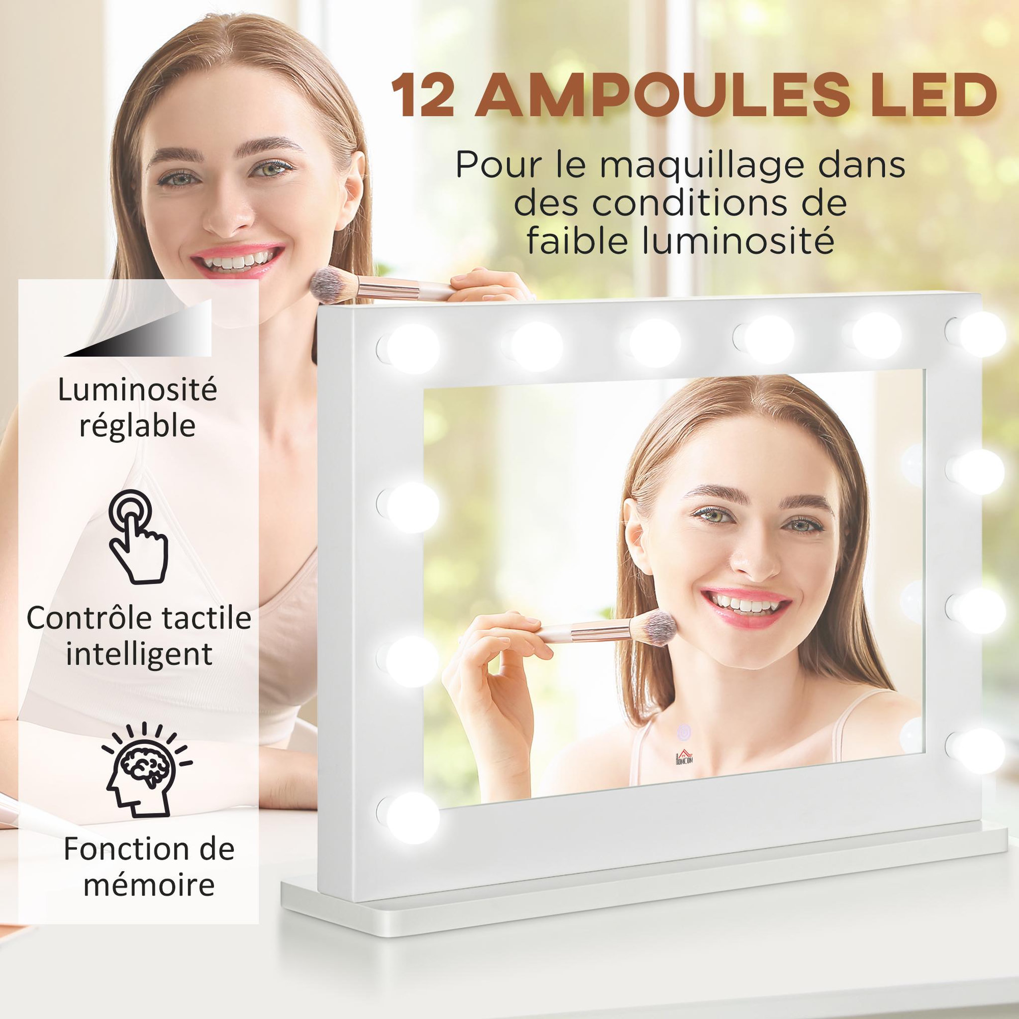 Voir la diapositive 4 : HOMCOM Miroir maquillage hollywood lumineux led tactile - 12 led, luminosité réglable, fonction mémoire - métal mdf blanc verre