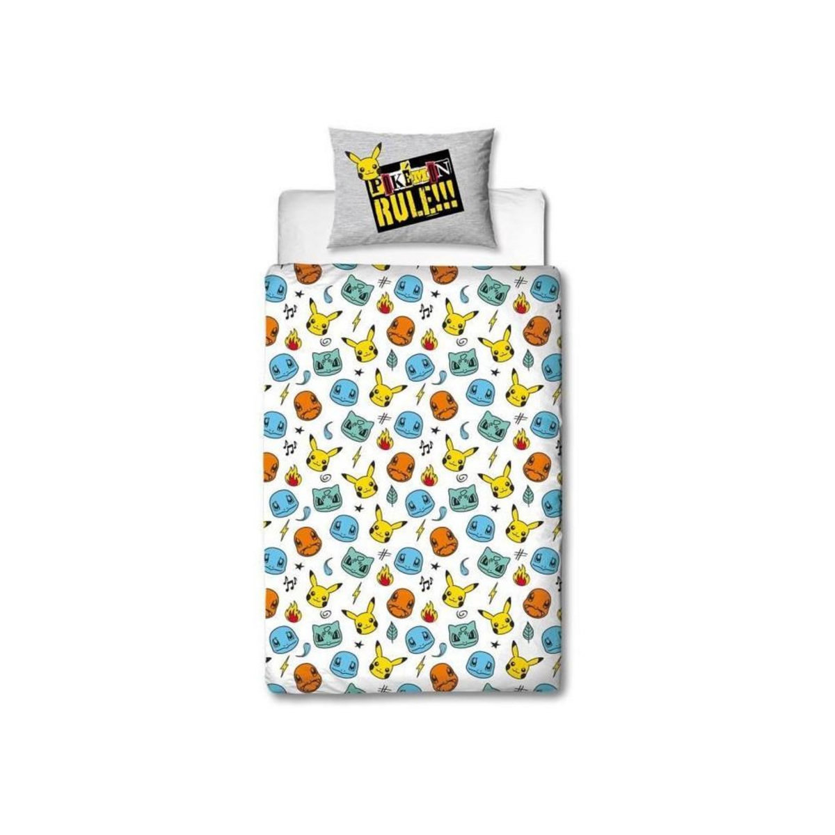 Pokemon Parure de lit réversible - POKEMON - Pikachu et Starter - Gris - Microfibre - 1 housse de couette 140 x 200 cm + 1 taie 63 x 63