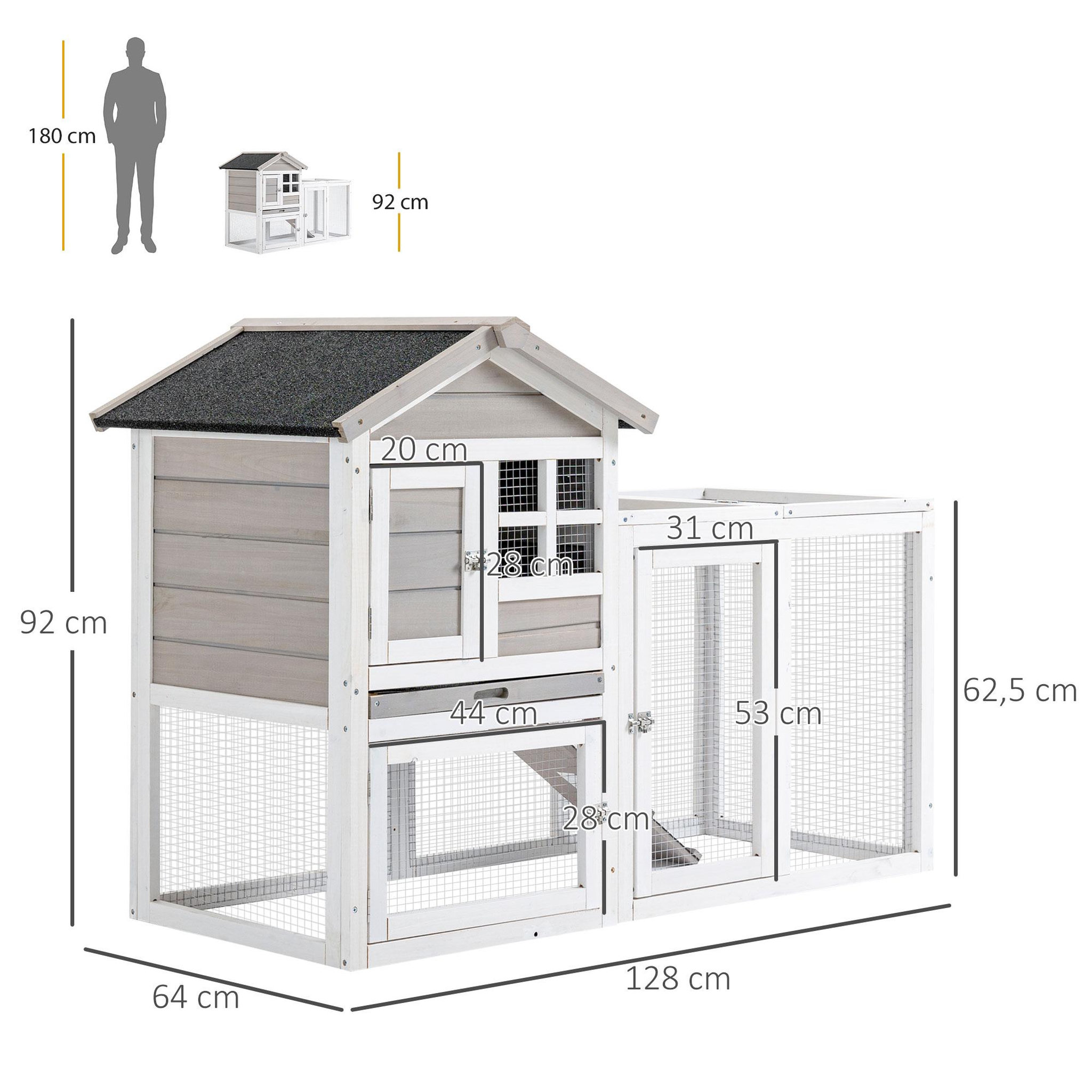 Voir la diapositive 3 : PAWHUT Clapier cage à lapins cottage - niche supérieure avec rampe et enclos extérieur - plateau excrément, toit bitumé, 4 portes verrouillables - bois sapin blanc gris