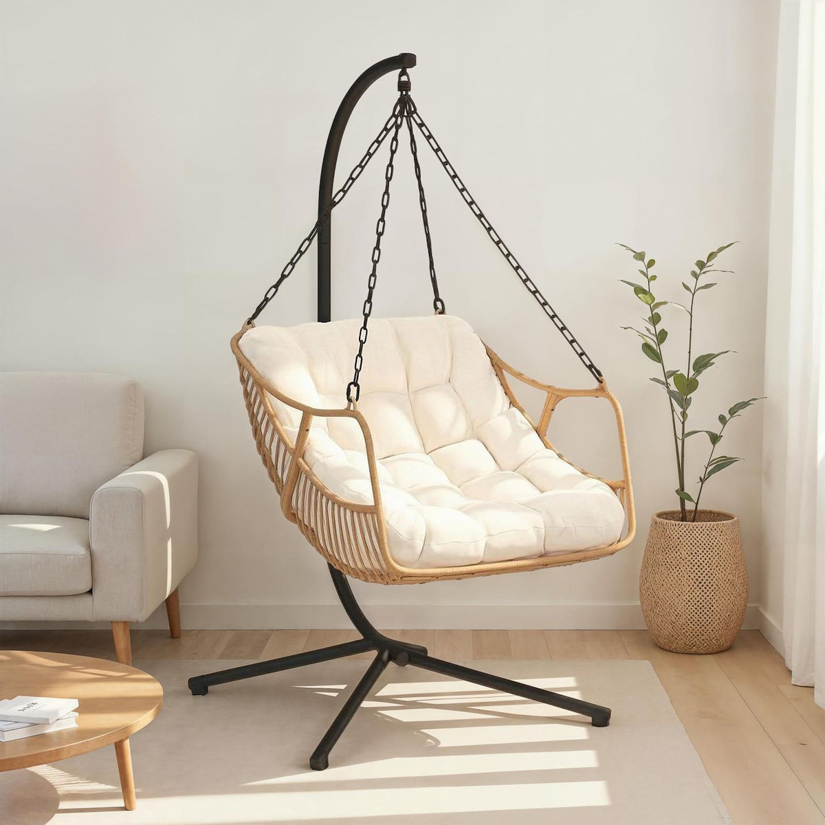 ID MARKET Fauteuil suspendu relax LOA ajouré effet rotin avec coussin écru