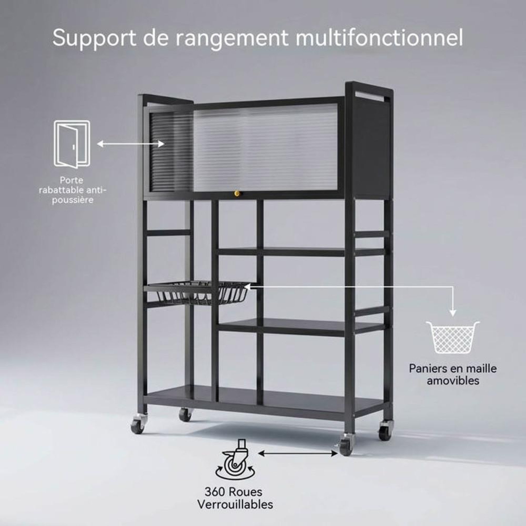 Voir la diapositive 2 : Chariot étagère cuisine 5 niveaux noir en inox avec porte translucide et panier, 4 roulettes universelles dont 2 avec frein