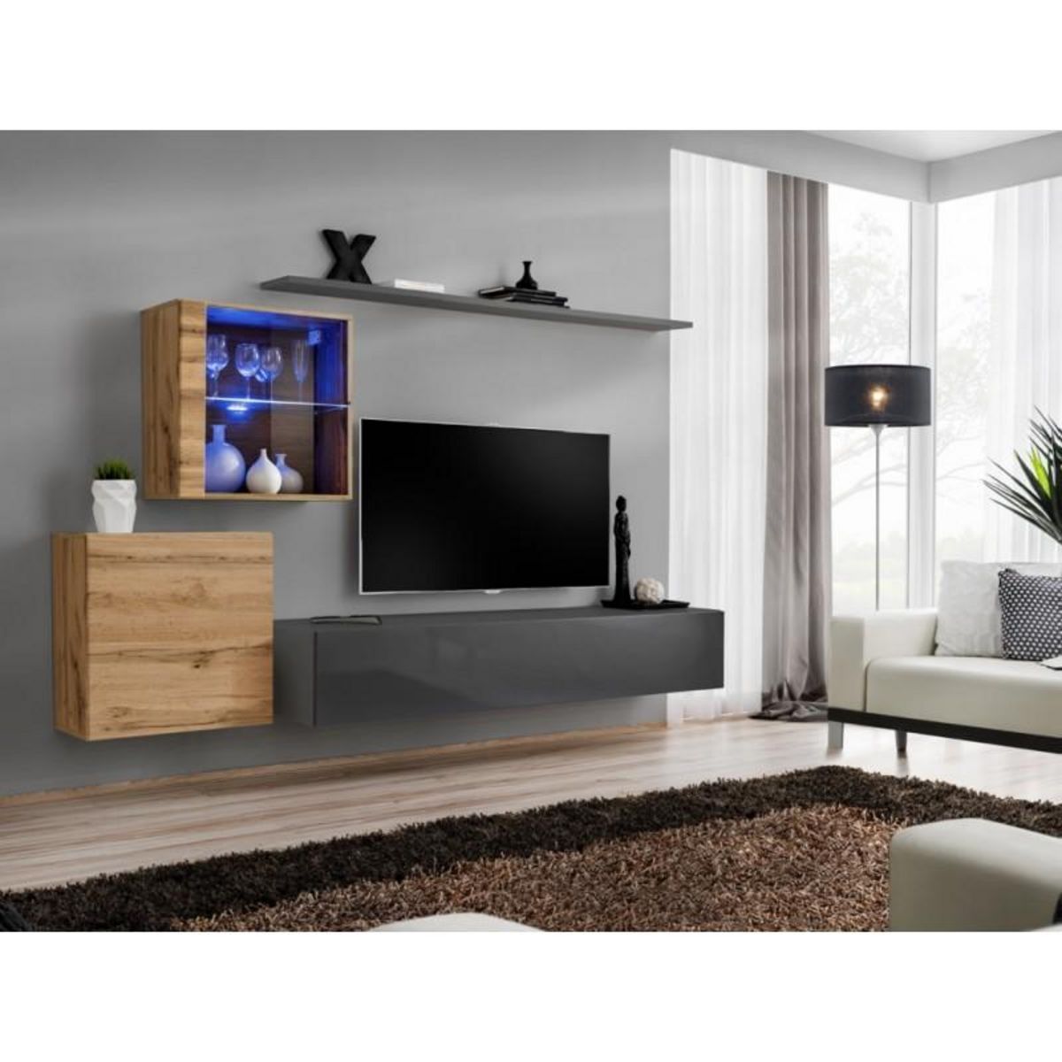 Paris Prix Meuble TV Mural Design  Switch XV  260cm Gris & Naturel