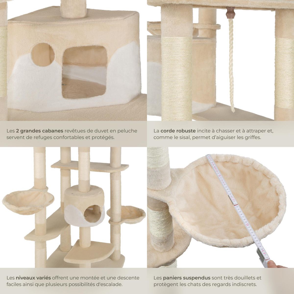tectake Arbre à chat 204 cm avec griffoir et plateforme d'escalade beige/blanc