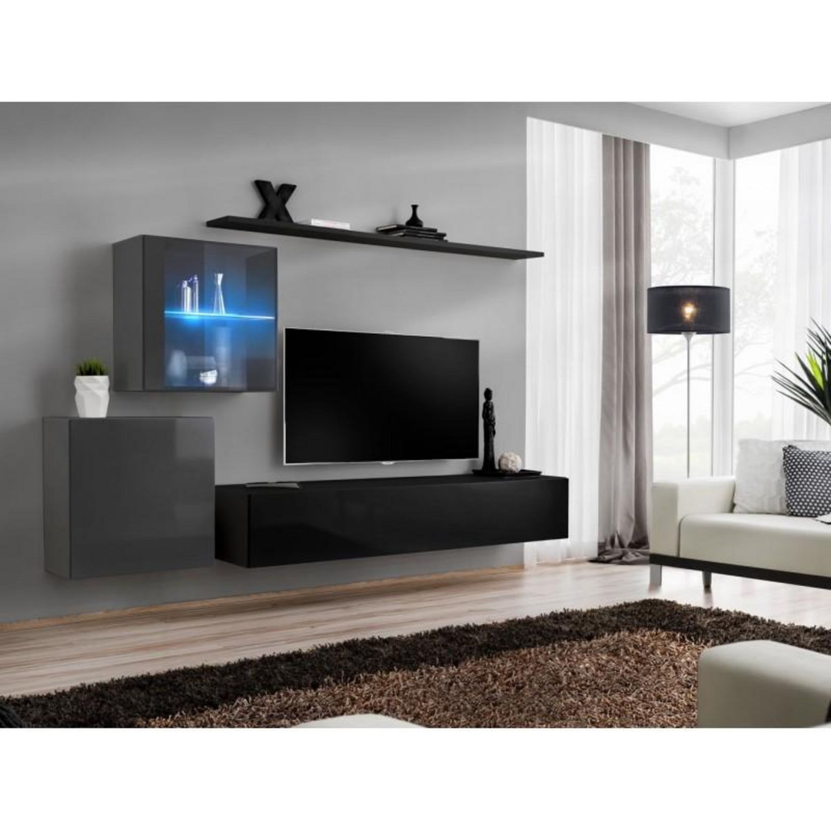 Paris Prix Meuble TV Mural Design  Switch XV  260cm Noir & Gris