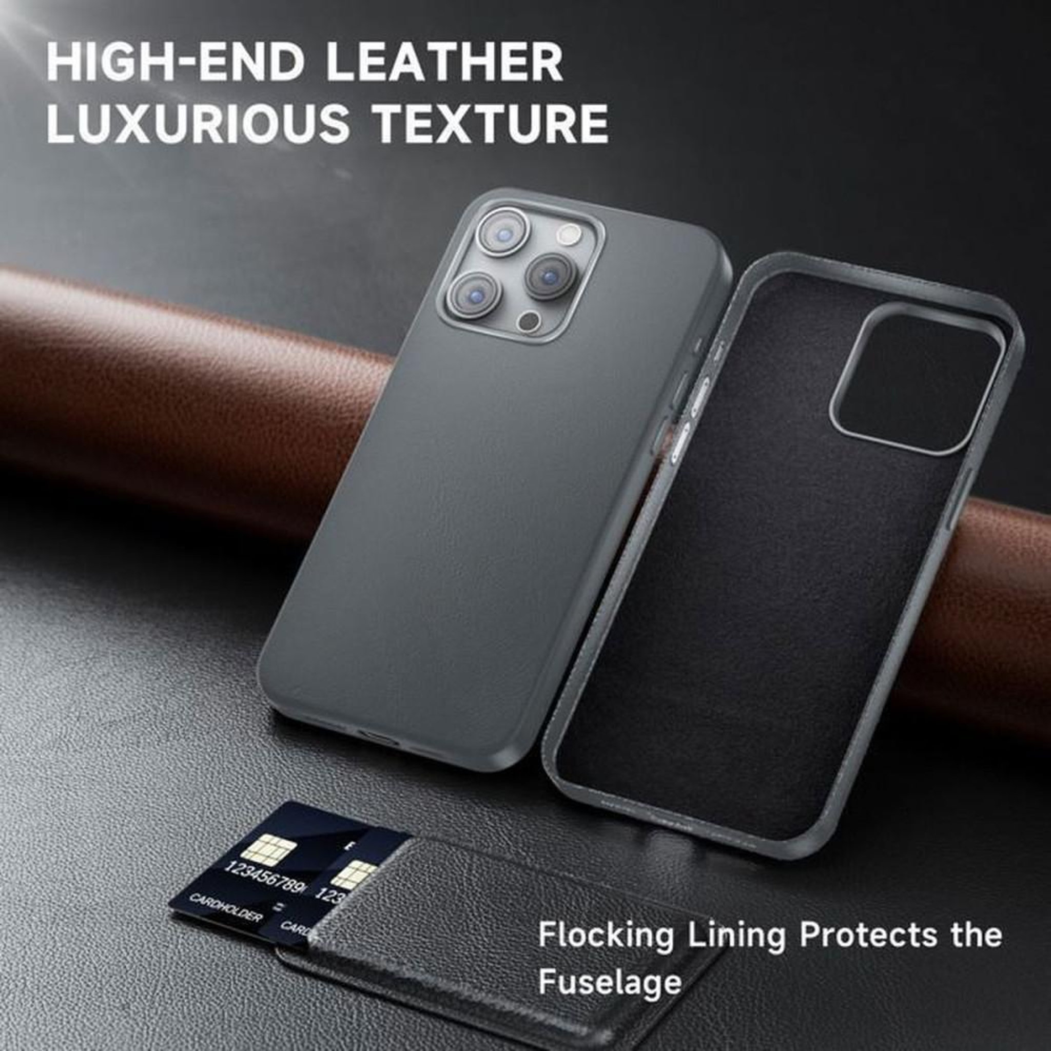 Voir la diapositive 3 : Coque cuir pour iPhone 15 Pro Max 6,7  grise compatible MagSafe en TPU et PU avec protection anti-chocs et accès boutons/ports
