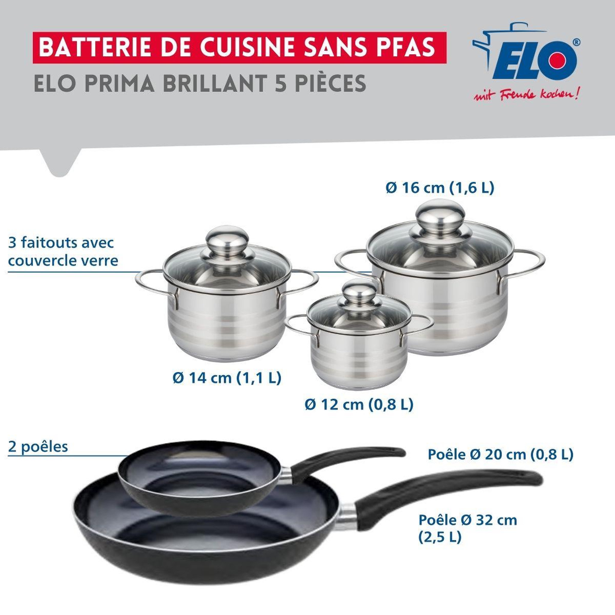 Voir la diapositive 2 : ELO Ensemble de 2 poêles de cuisson 20 et 32 cm et 3 faitouts 12, 14 et 16 cm elo prima brillant