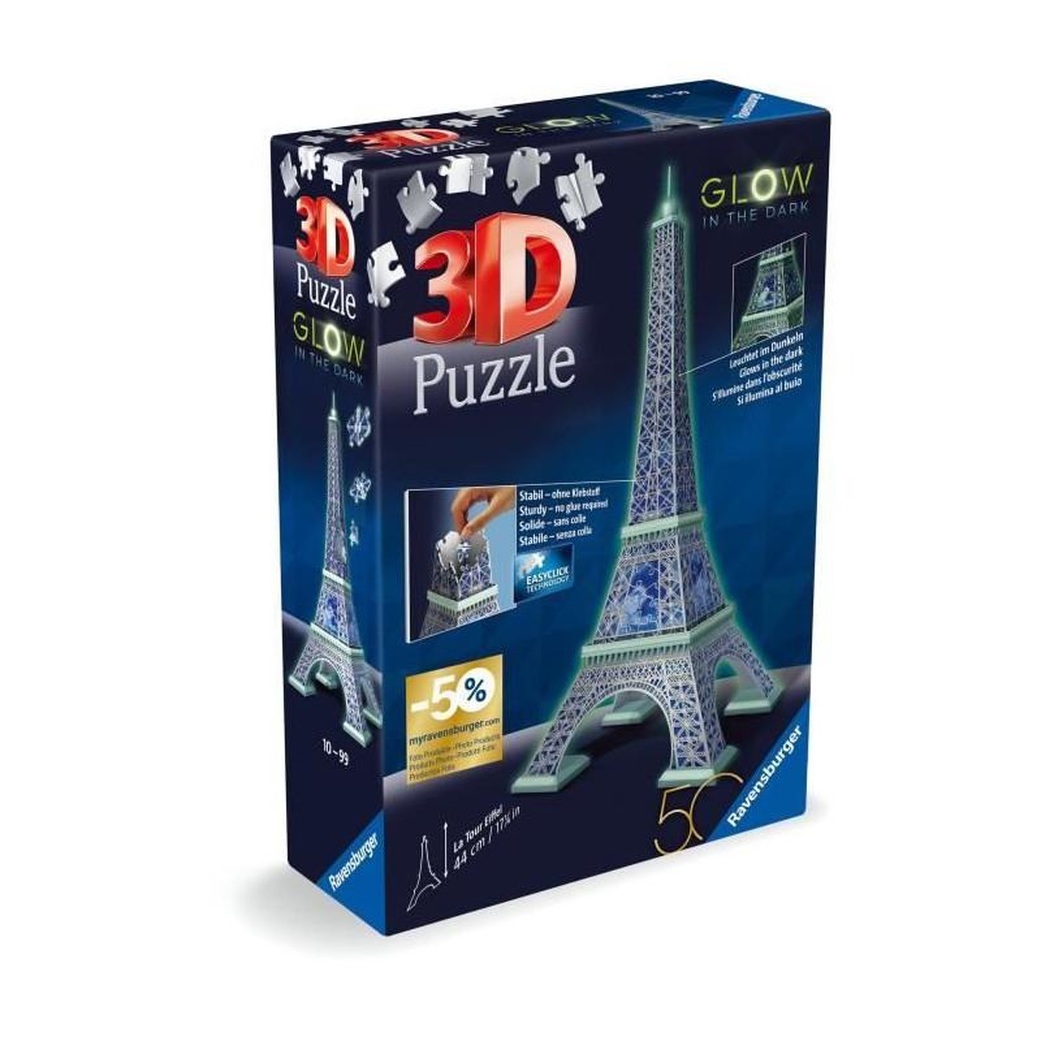 Voir la diapositive 6 : RAVENSBURGER Ravensburger-Puzzle 3D Tour Eiffel phosphorescente 50 ans-Des 10 ans-216p numérotées a assembler sans colle-Accessoires inclus