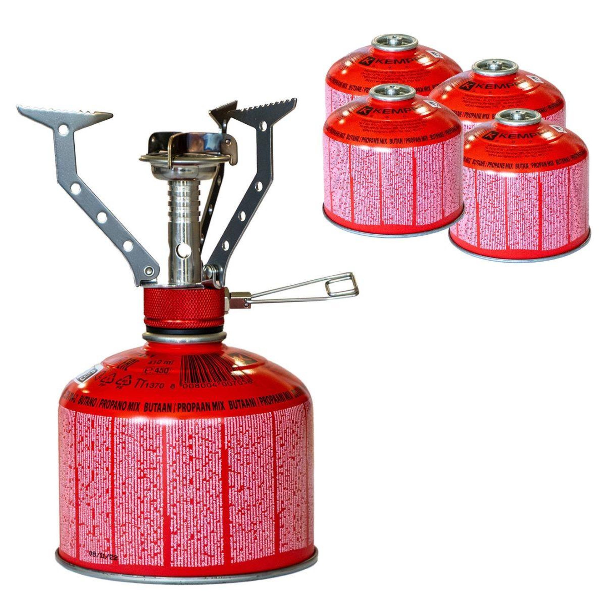 Kemper Réchaud gaz portable 4.5 kW + 4 cartouches gaz 230gr - Brûleur randonnée anti-vent Pliable Léger Camping Haute montagne KEMPER