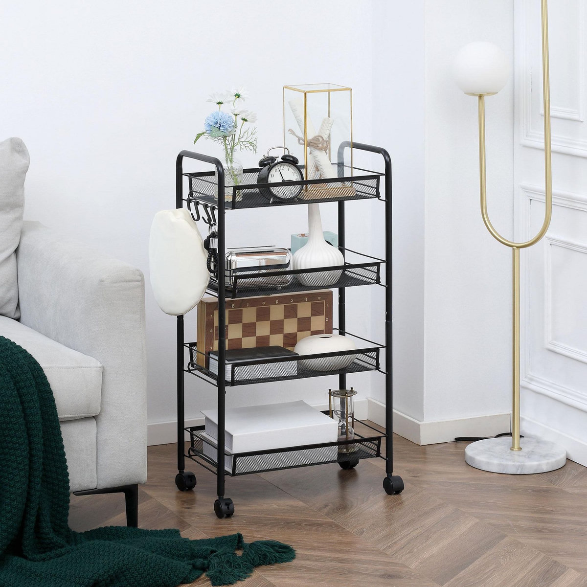 HOMCOM Chariot de service desserte de cuisine à roulettes 4 paniers métalliques amovibles 4 crochets acier noir