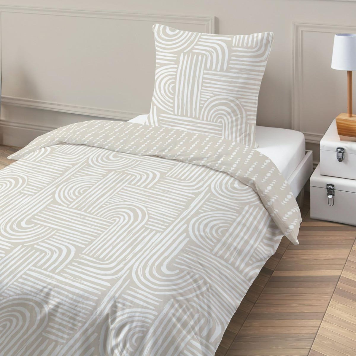 FUTURE HOME Parure de lit 1 personne en coton imprimé beige 140x200cm