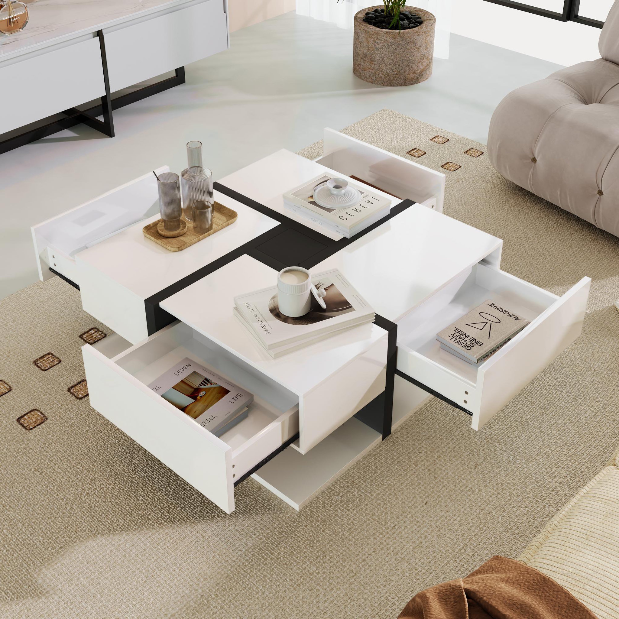Voir la diapositive 5 : MERAX Table basse carrée blanc+noir avec 4 tiroirs - 78x78 cm panneau de particules