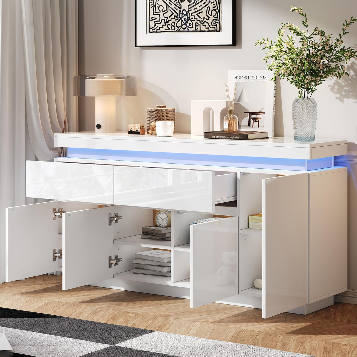 MERAX Buffet 4 porte(s) 2 tiroir(s) - 140 cm blanc led panneau de particules