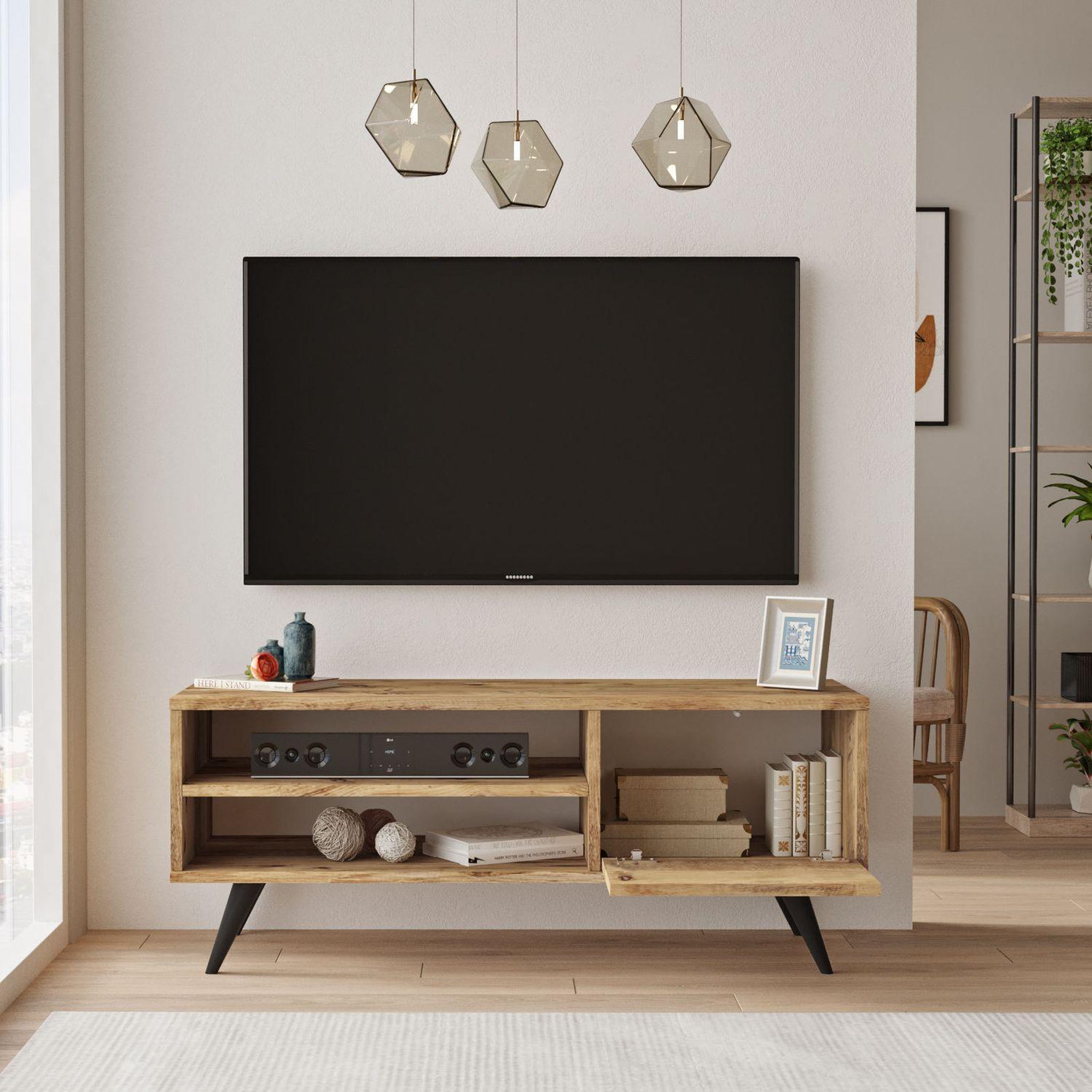 Voir la diapositive 3 : TOILINUX Meuble tv avec 2 niches de rangement ouvertes et une porte abattante en panneaux de particule