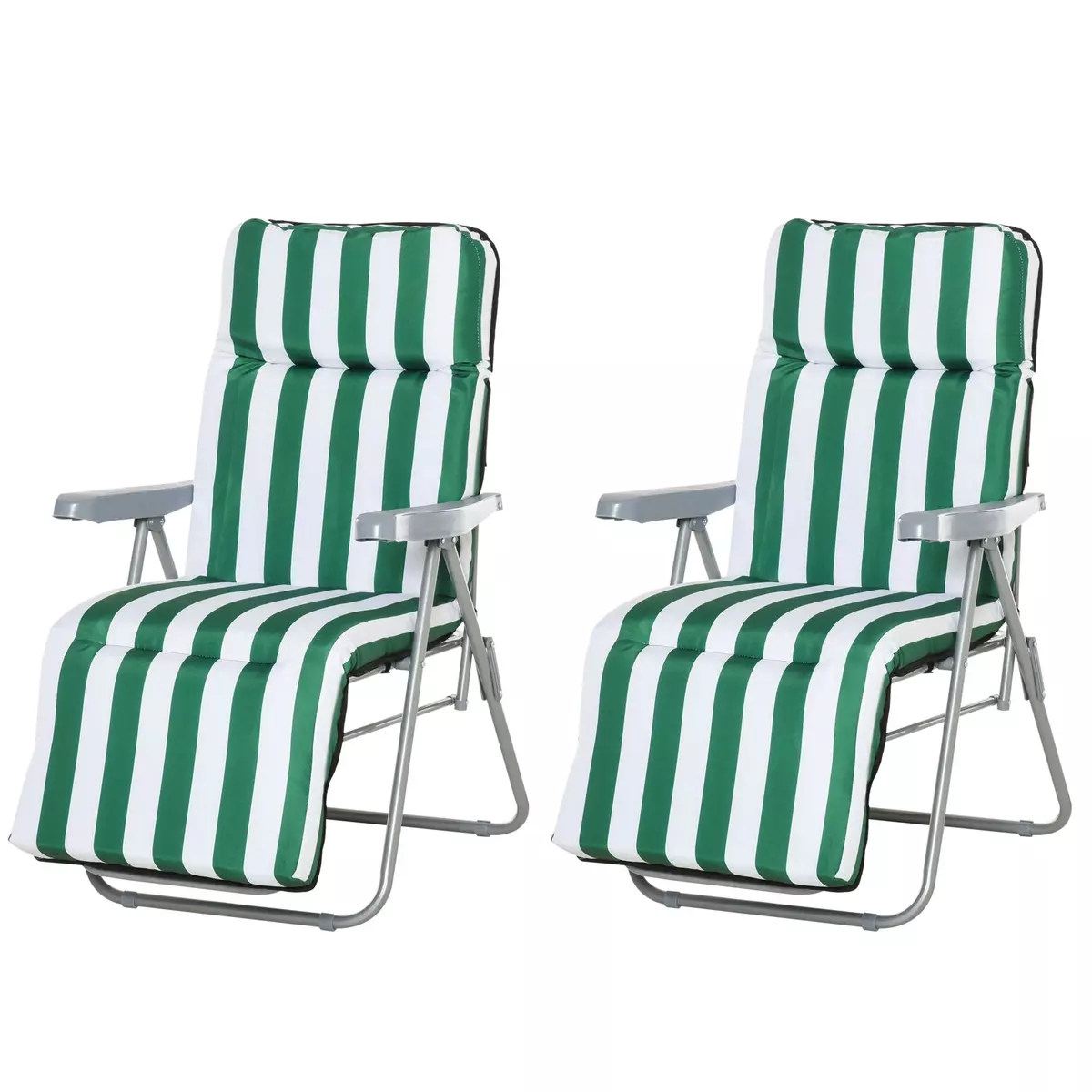 OUTSUNNY Lot de 2 chaise longue bain de soleil adjustable pliable transat lit de jardin en acier vert + blanc