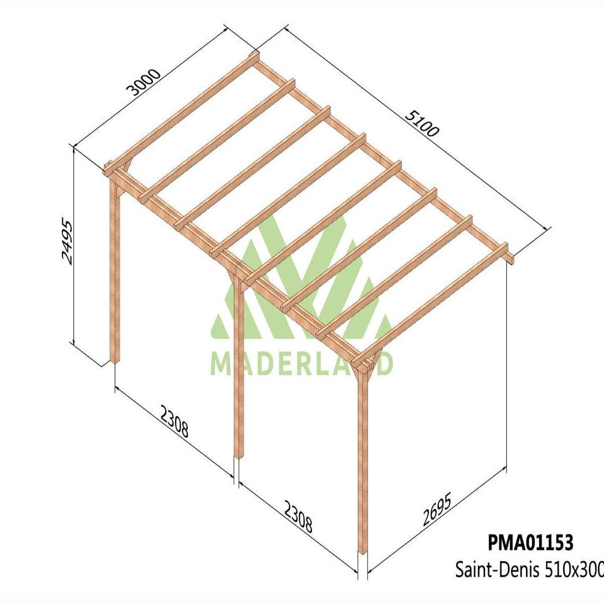 Voir la diapositive 2 : JARDIDECO Pergola adossée en bois massif saint-denis 510 x 300 cm - maderland