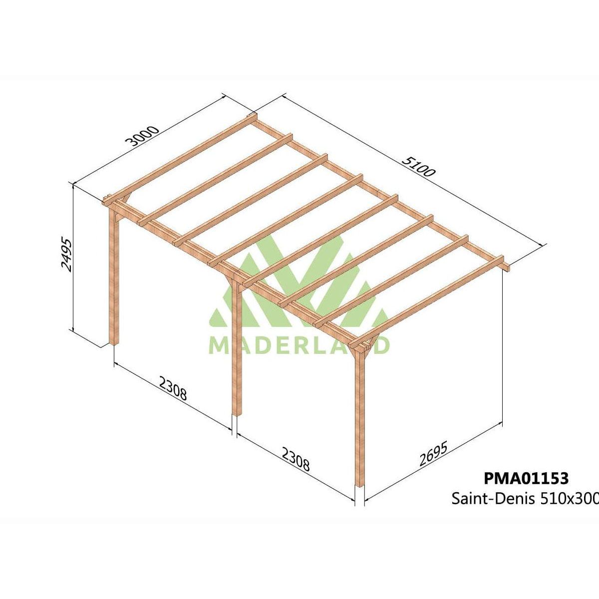 JARDIDECO Pergola adossée en bois massif Saint-Denis 510 x 300 cm - Maderland