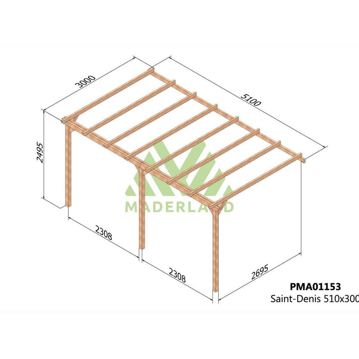 JARDIDECO Pergola adossée en bois massif Saint-Denis 510 x 300 cm - Maderland