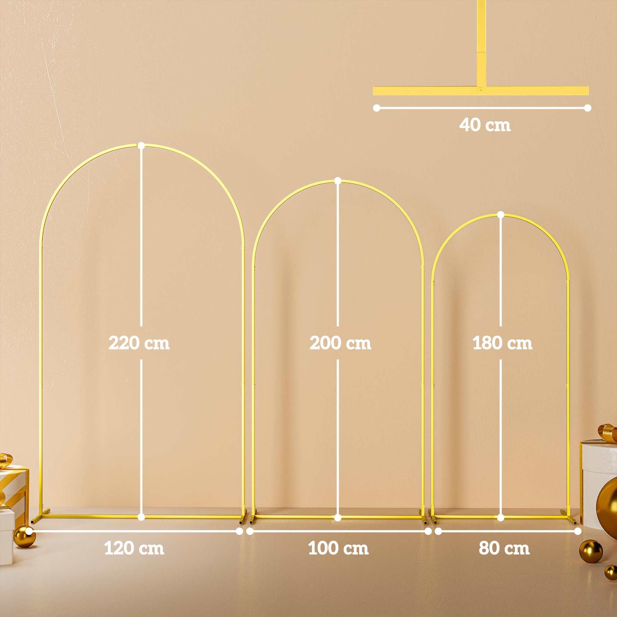 Voir la diapositive 3 : OUTSUNNY Arches décoratives - lot de 3 arches de mariage - arches de ballon - dim. 120L x 40l x 220H cm - métal doré