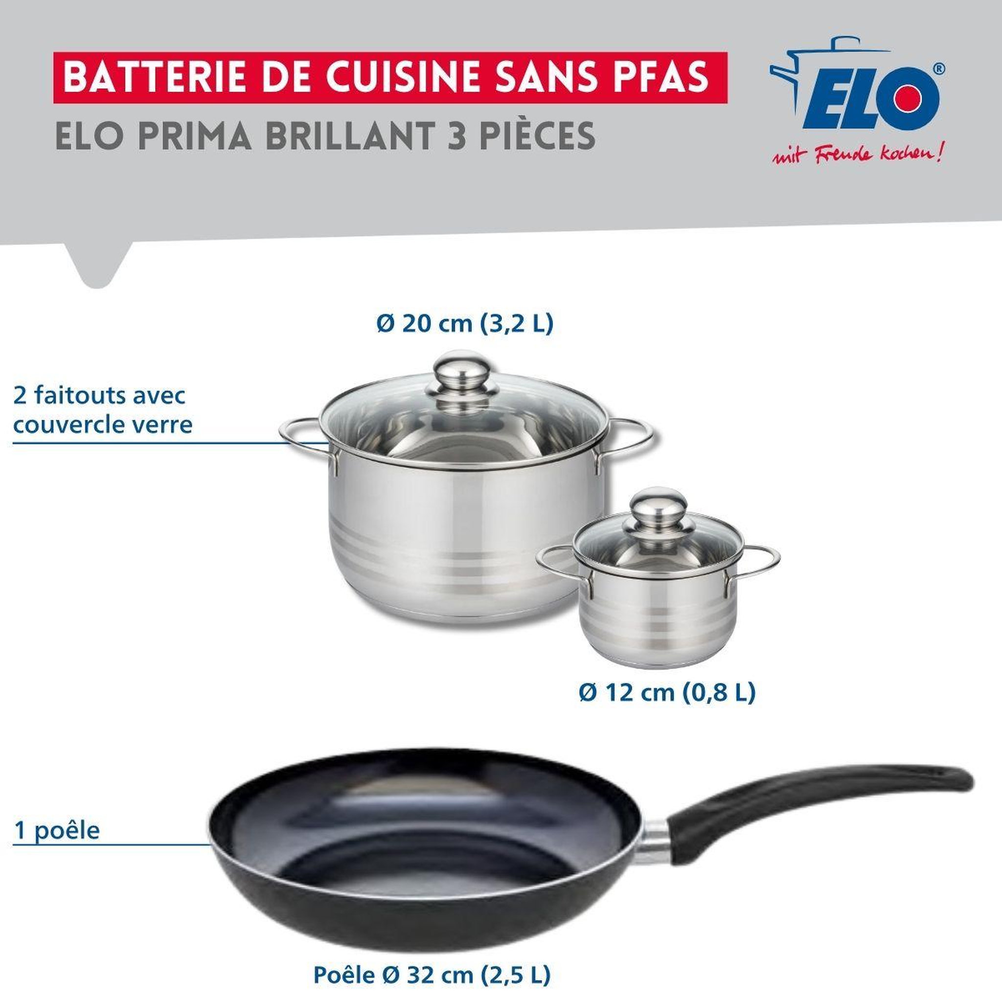 Voir la diapositive 2 : ELO Ensemble de 1 poêle de cuisson 32 cm et 2 faitouts 12 et 20 cm elo prima brillant