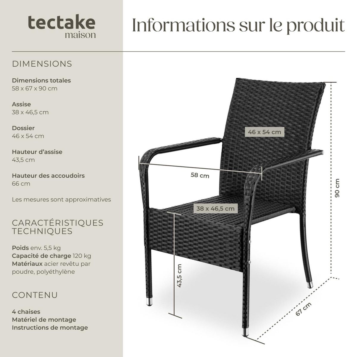 tectake Chaise en résine tressée résistante et durable noir 4 pièces