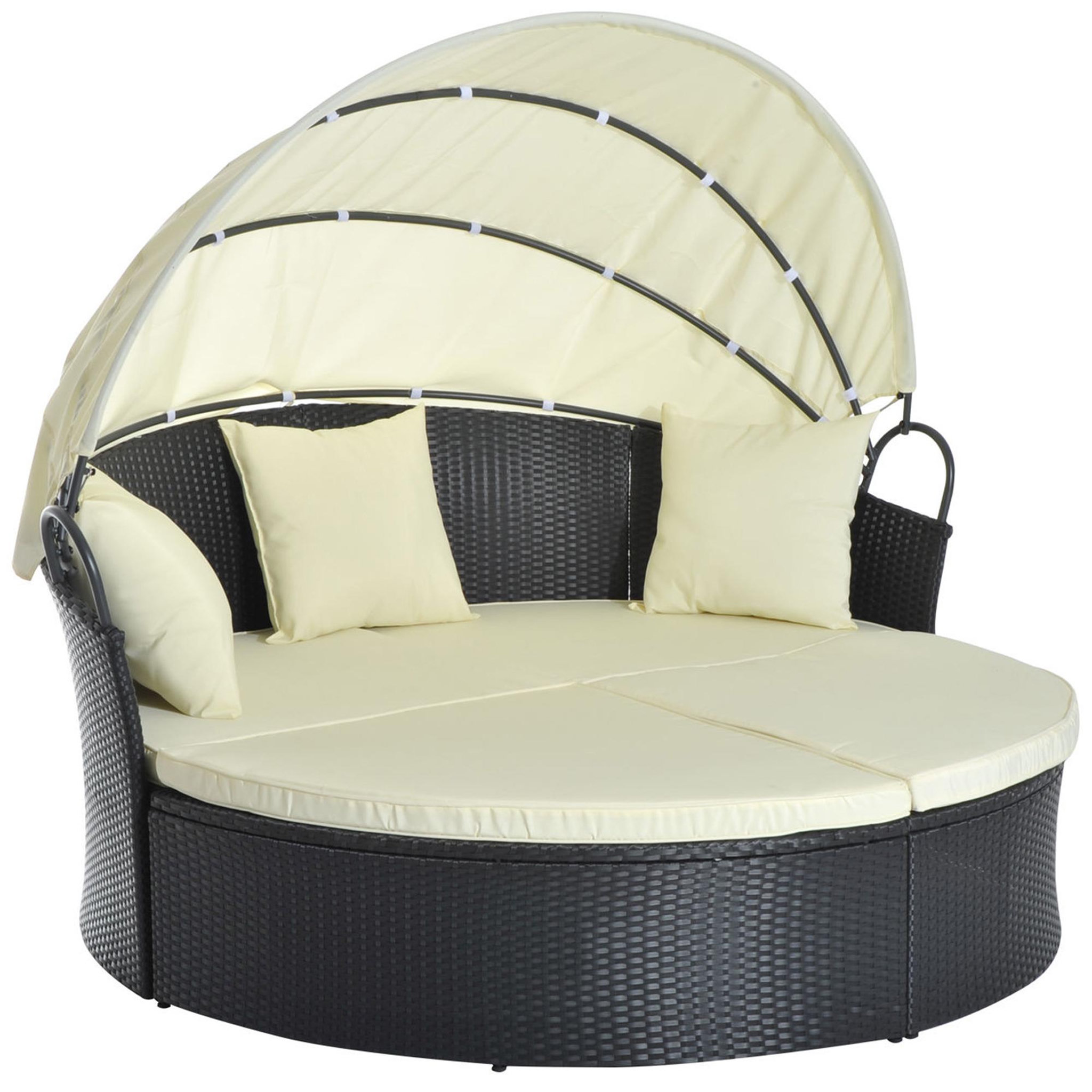 Voir la diapositive 1 : OUTSUNNY Lit canapé de jardin modulable pare-soleil pliable 4 coussins 3 oreillers résine tressée tissu noir beige