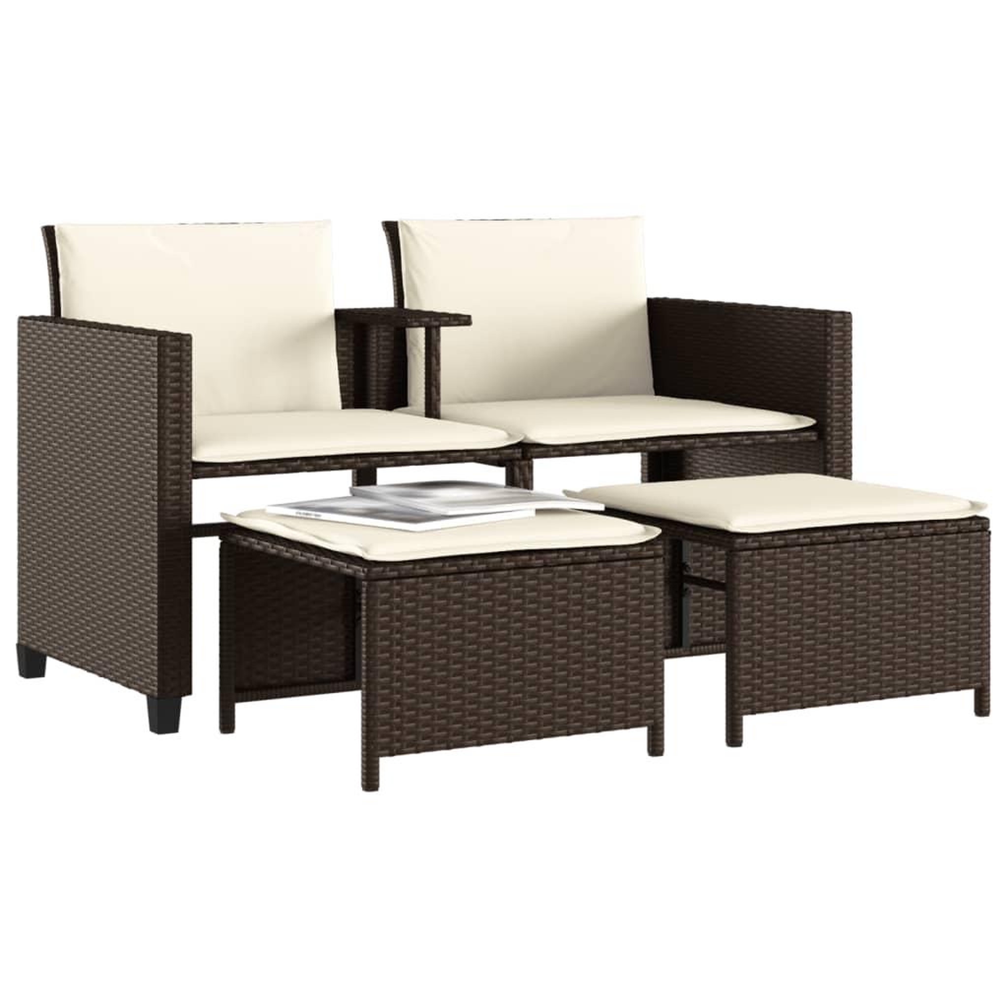 Voir la diapositive 4 : VIDAXL Canape de jardin 2 places avec table et tabourets marron rotin