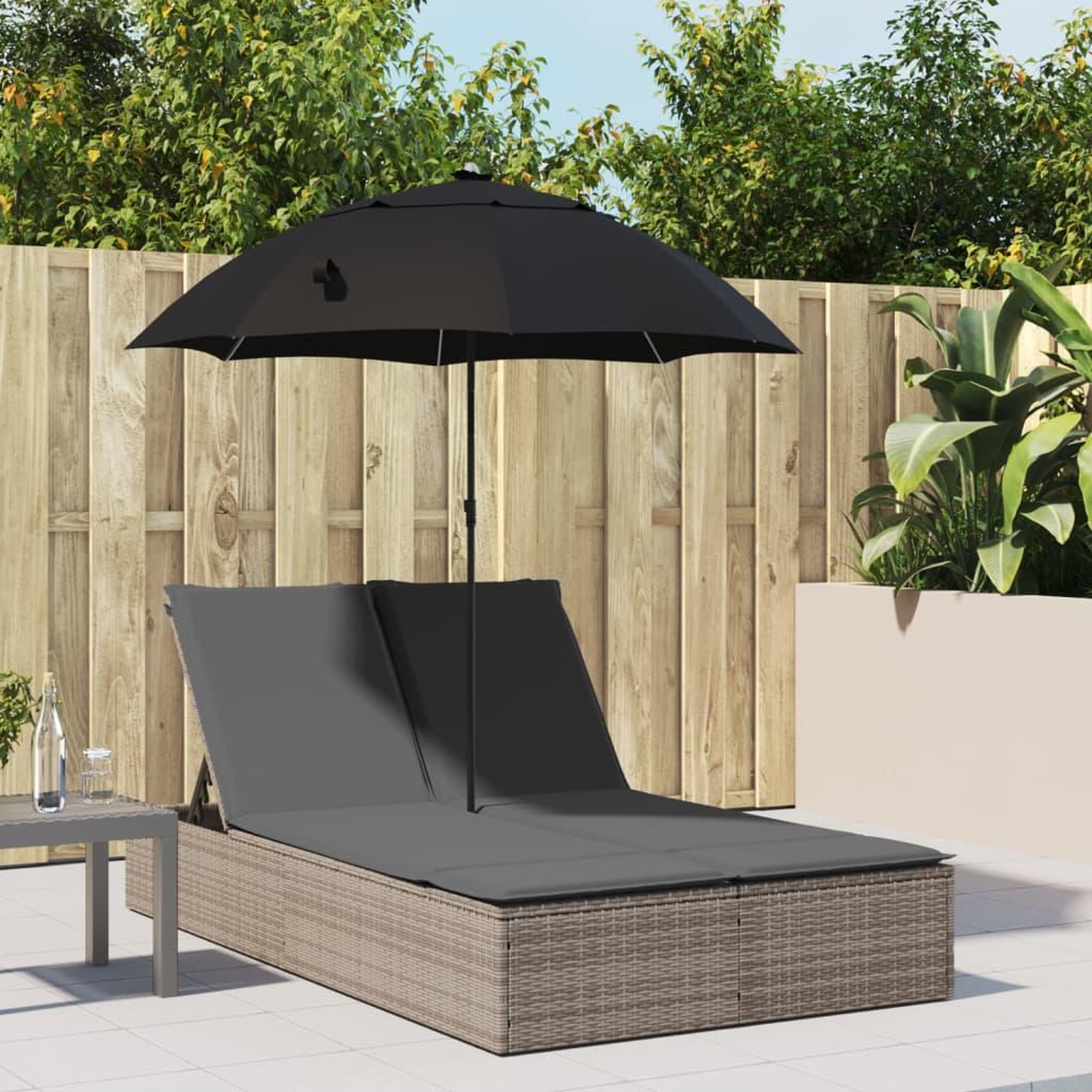 VIDAXL Chaise longue double et coussins et parasol gris resine tressee