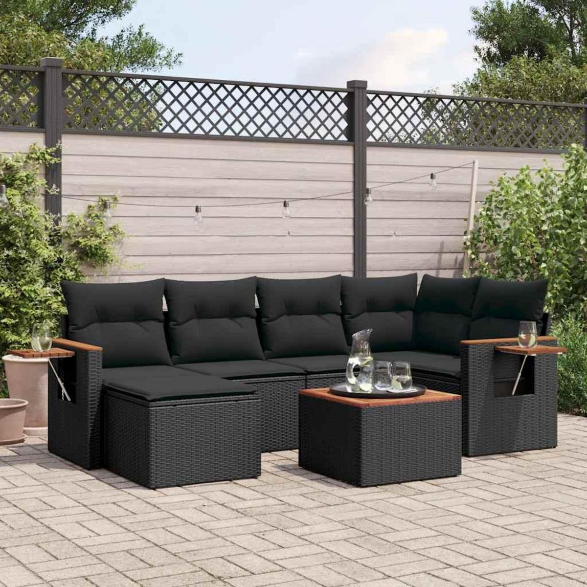 VIDAXL Salon de jardin 7 pcs avec coussins noir resine tressee