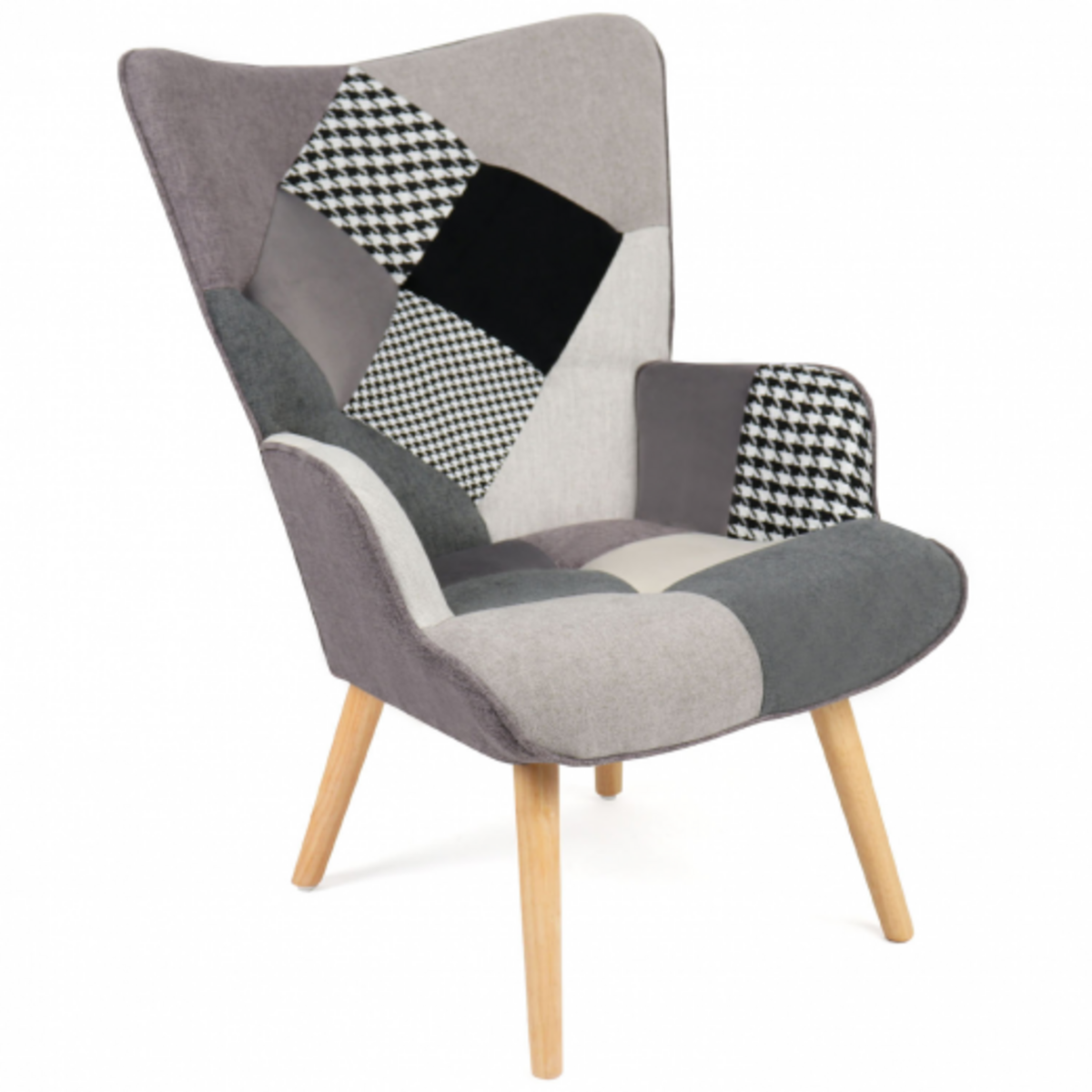 ID MARKET Fauteuil scandinave IVAR en tissu patchwork noir, gris et blanc