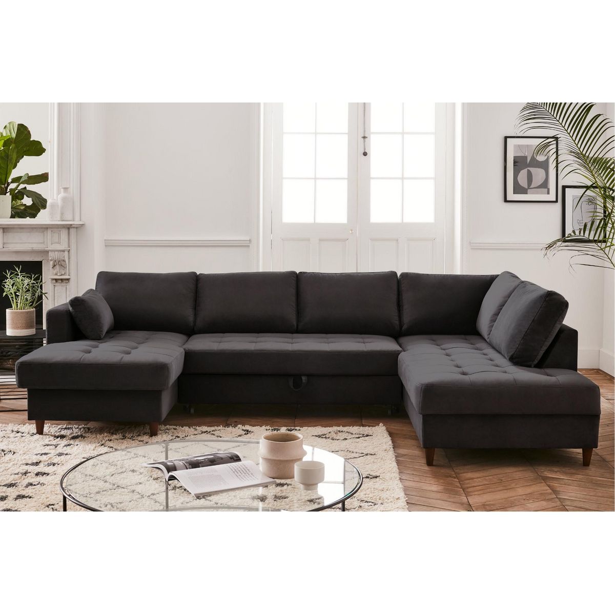 LISA DESIGN Anna - canapé panoramique d'angle droit - 7 places - convertible avec coffre - en velours