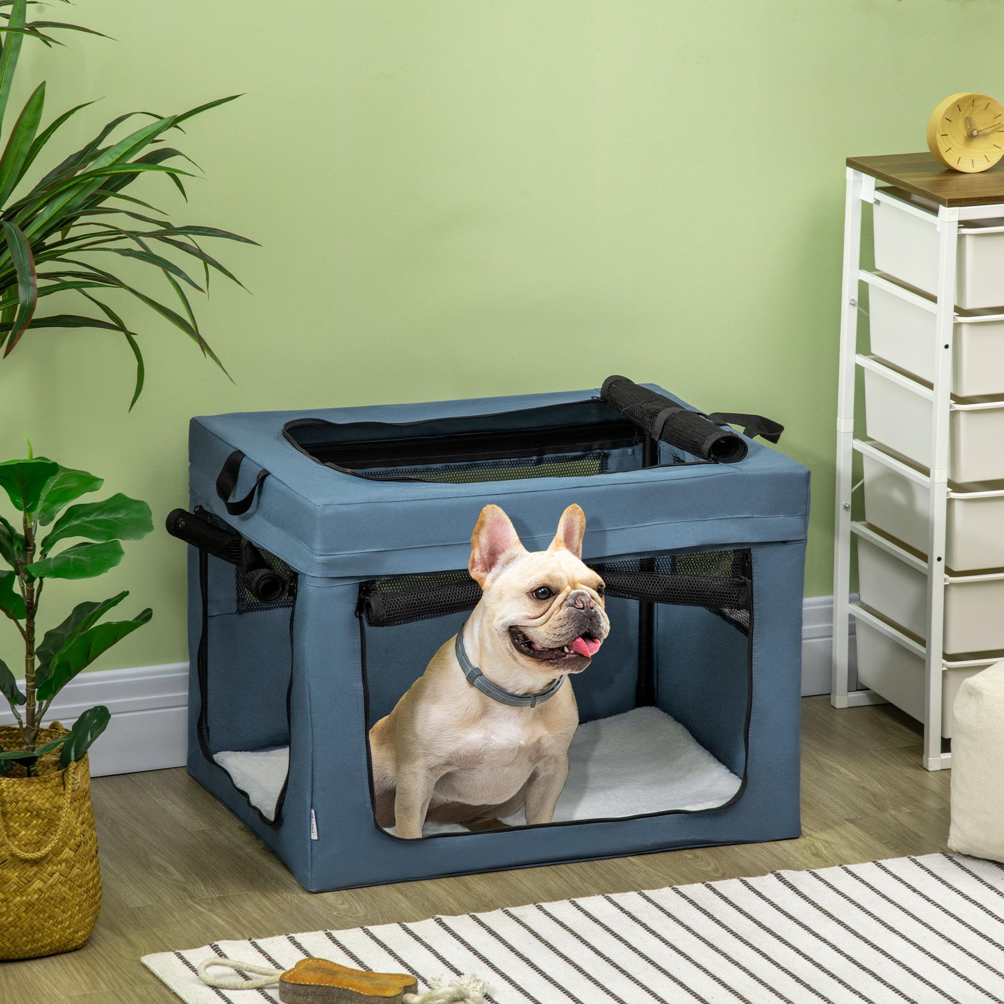 Voir la diapositive 2 : PAWHUT Sac de transport pliable pour chien chat - 2 poignées, 3 portes - dim. 69l x 51l x 51h cm - acier polyester bleu