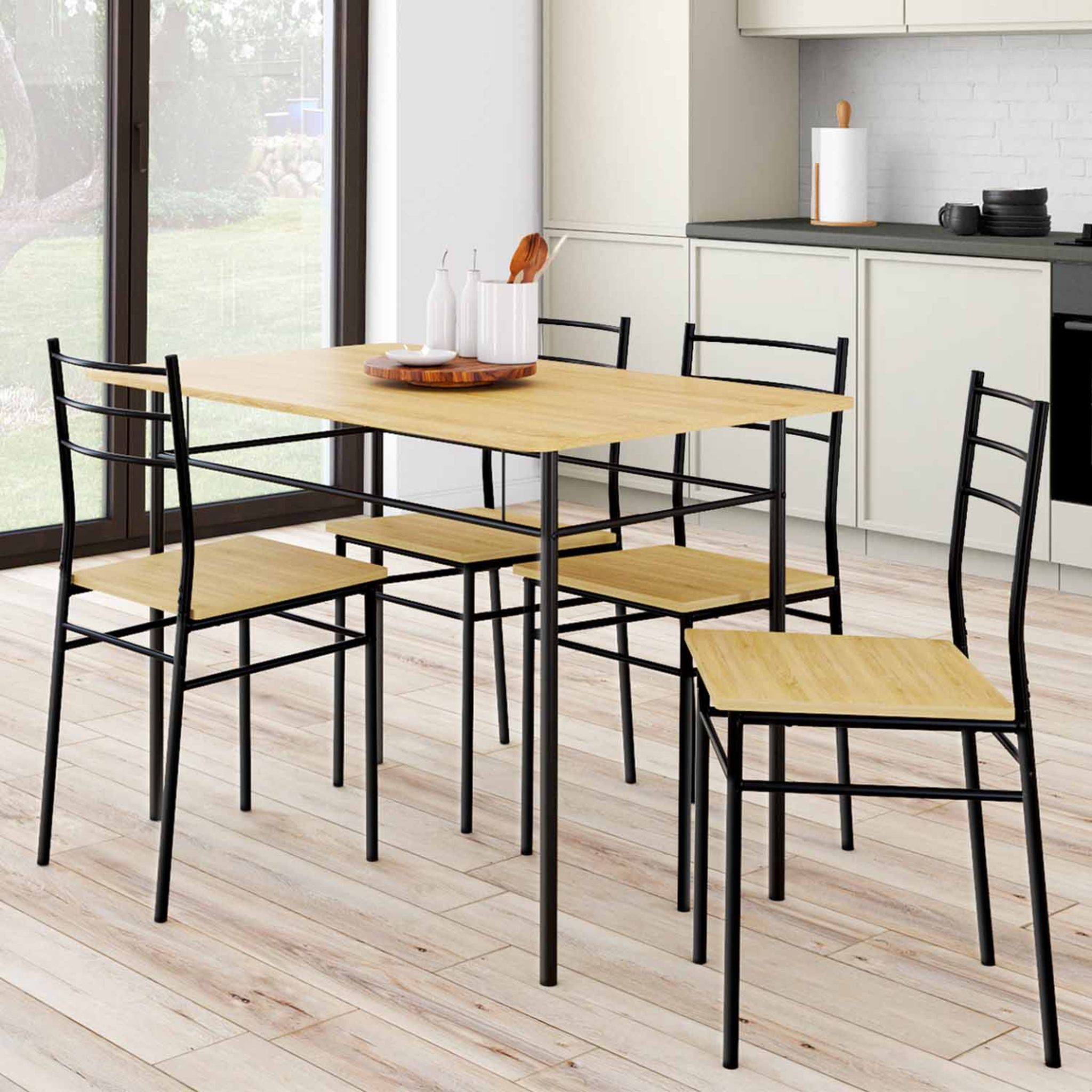 Voir la diapositive 2 : ID MARKET Ensemble table angie 4 personnes + 4 chaises bois et métal noir