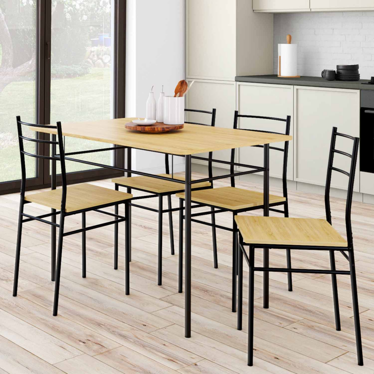 ID MARKET Ensemble table ANGIE 4 personnes + 4 chaises bois et métal noir