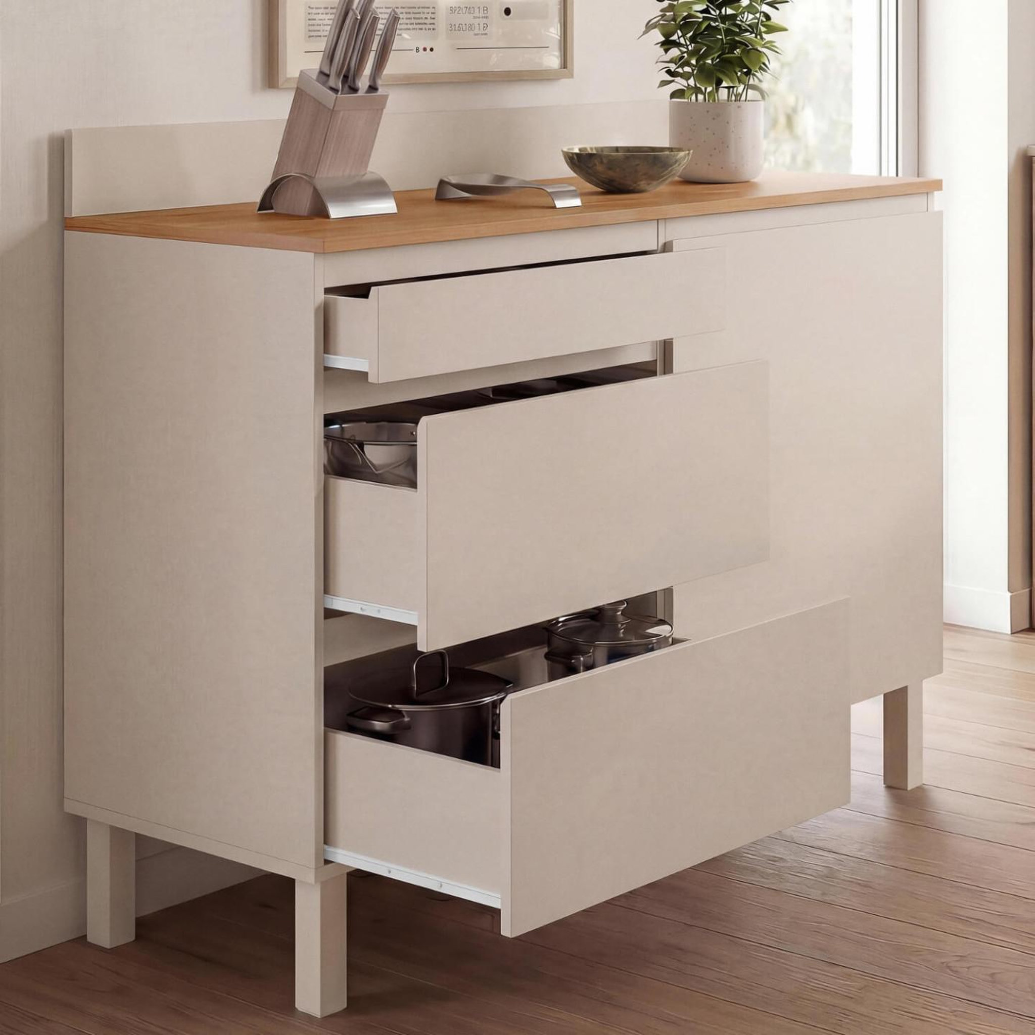 Voir la diapositive 2 : ID MARKET Buffet bas casserolier de cuisine 120 cm claude plan de travail effet bois h.83 cm 1 porte + 3 tiroirs beige