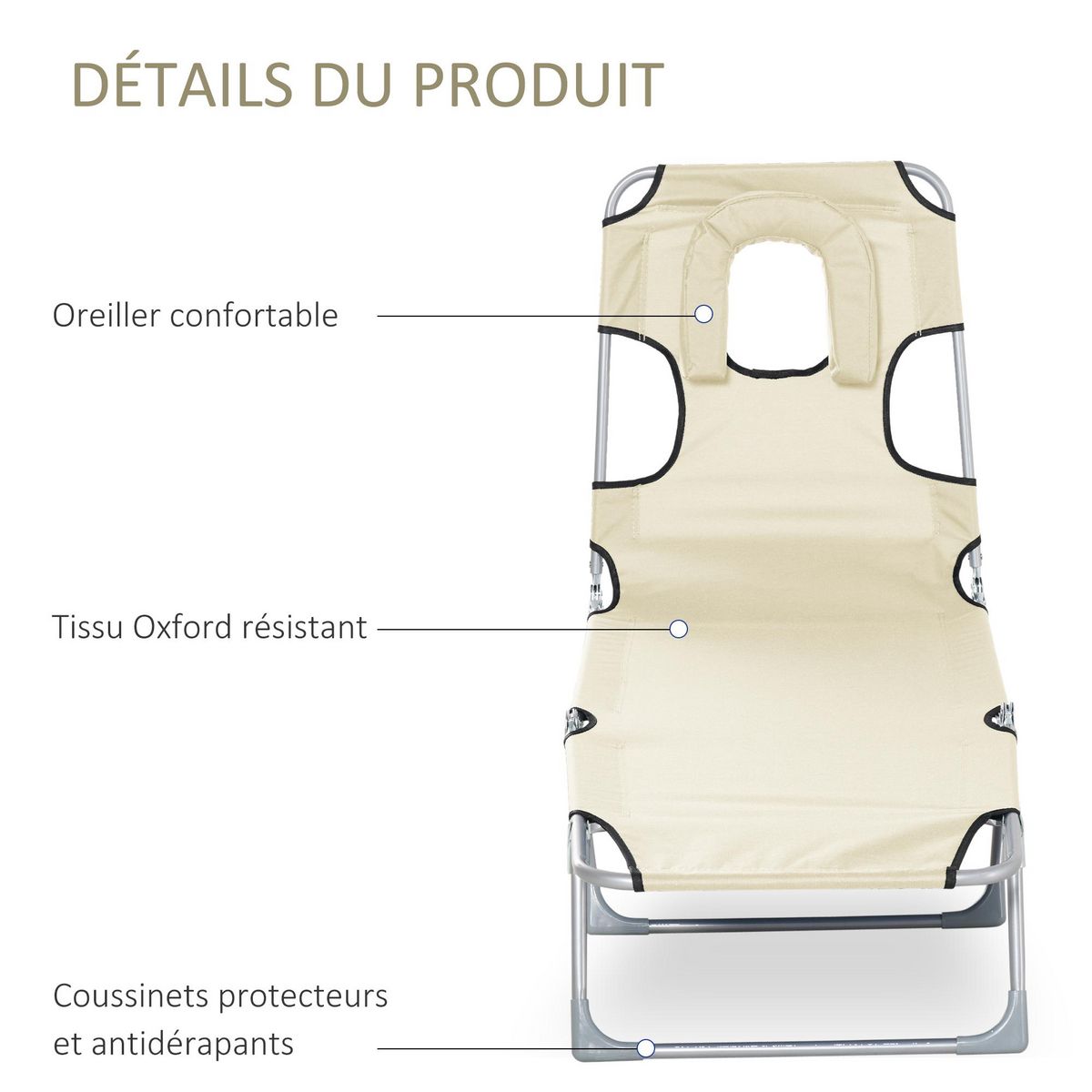 OUTSUNNY Bain de soleil pliable inclinable 4 positions - espace visage rembourré - acier oxford beige
