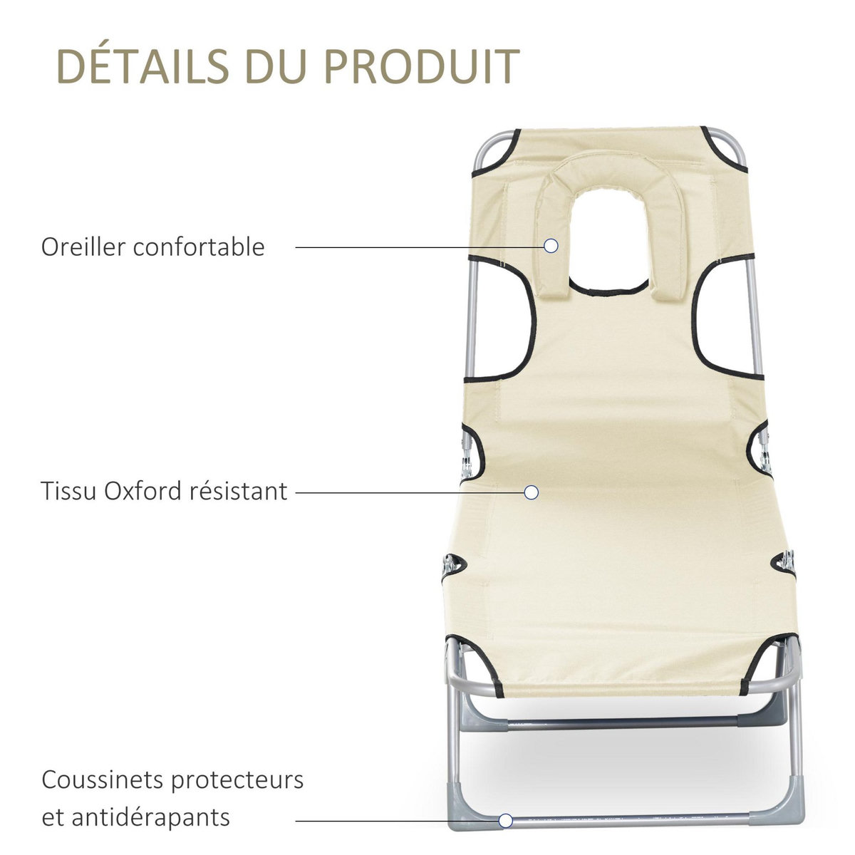OUTSUNNY Bain de soleil pliable inclinable 4 positions - espace visage rembourré - acier oxford beige