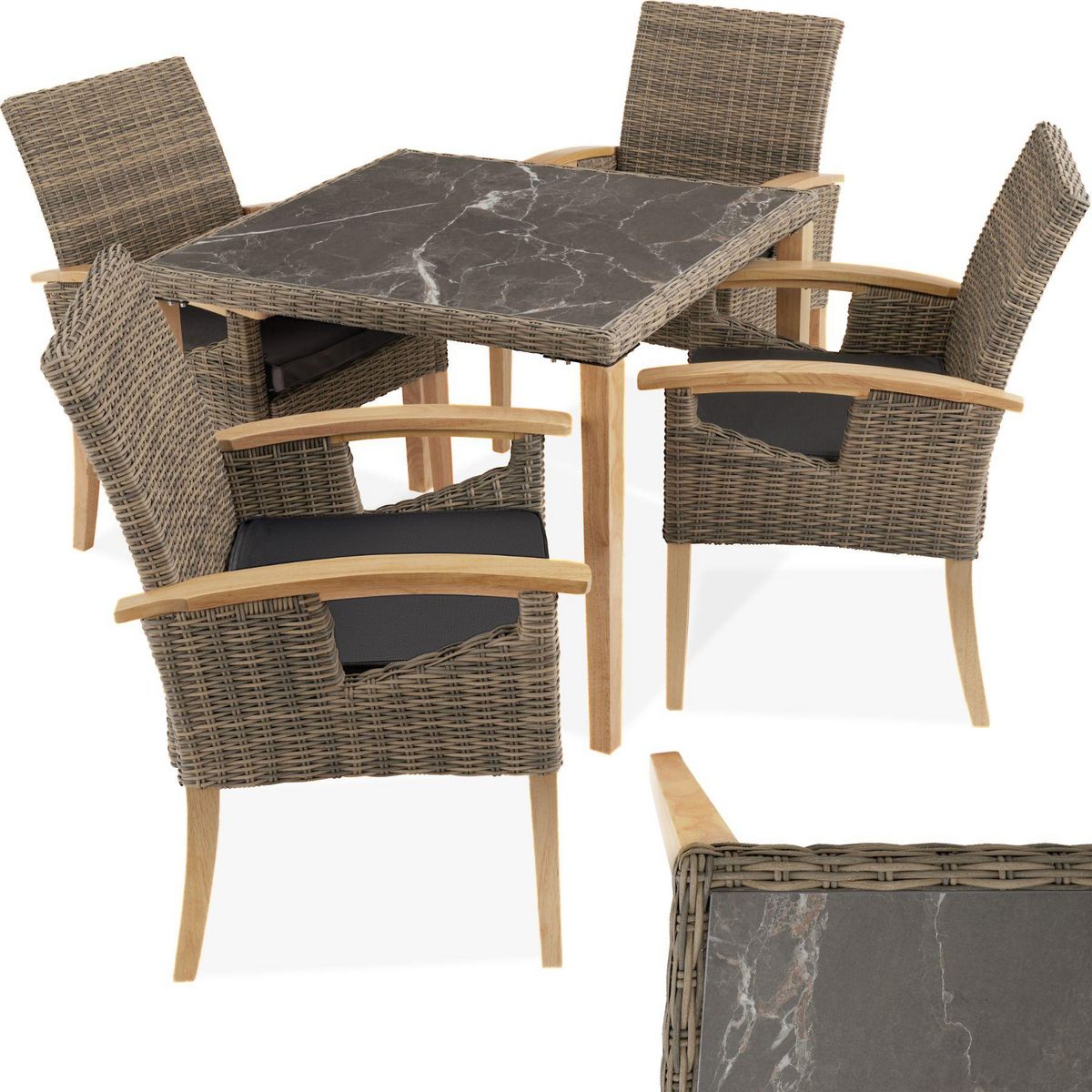 tectake Ensemble table en rotin avec 4 chaises avec cadre solide en bois marron naturel