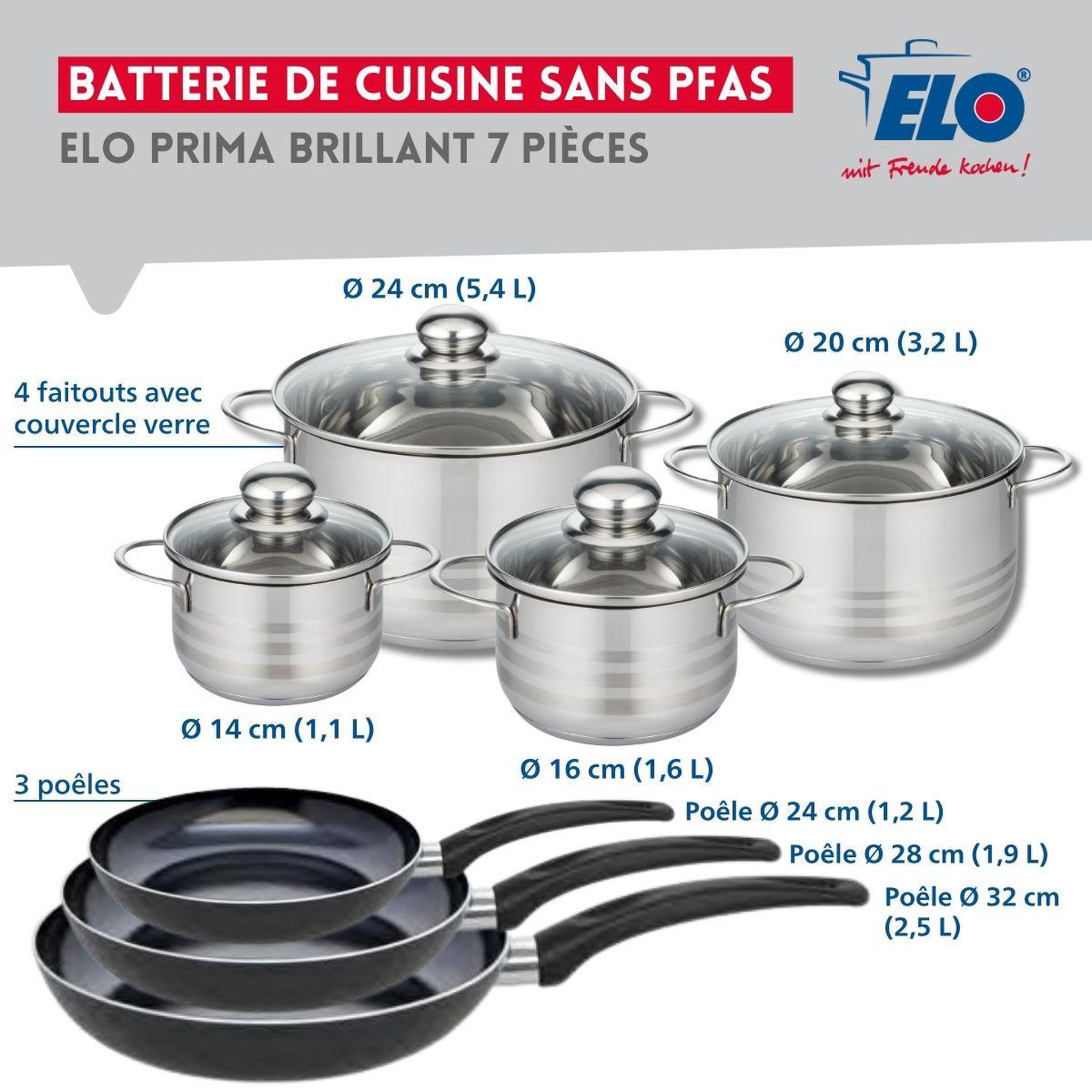 Voir la diapositive 2 : ELO Ensemble de 3 poêles de cuisson 24, 28 et 32 cm et 4 faitouts 14, 16, 20 et 24 cm elo prima brillant