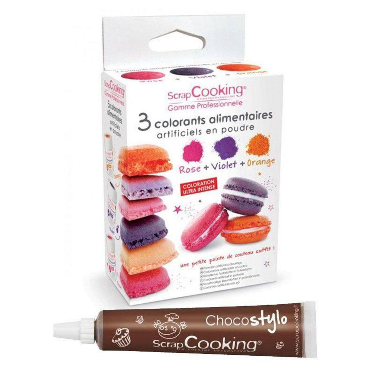 SCRAPCOOKING 3 colorants alimentaires orange, violet, rose + 1 Stylo chocolat