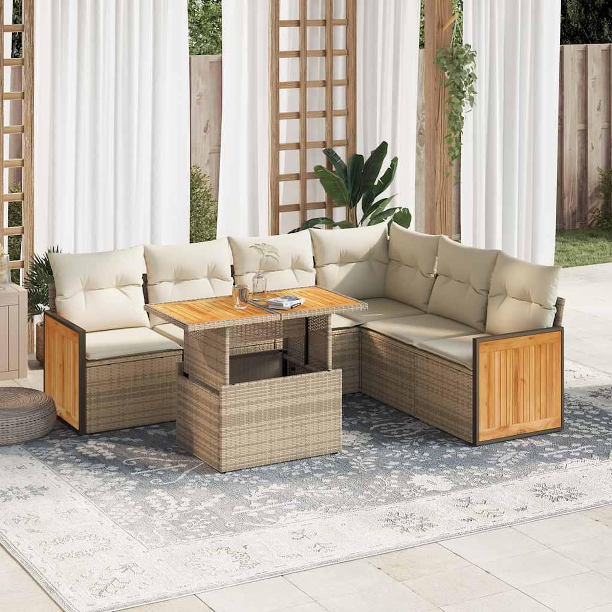 VIDAXL Salon de jardin avec coussins 7 pcs beige resine tressee acacia