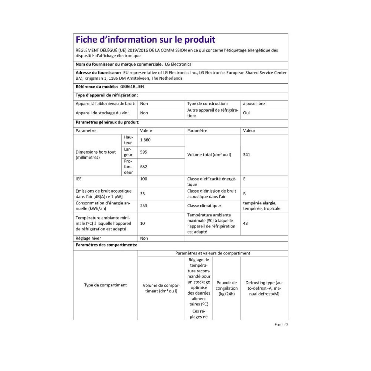 LG Réfrigérateur combiné 60cm 341l ventilé noir - GBB61BLJEN