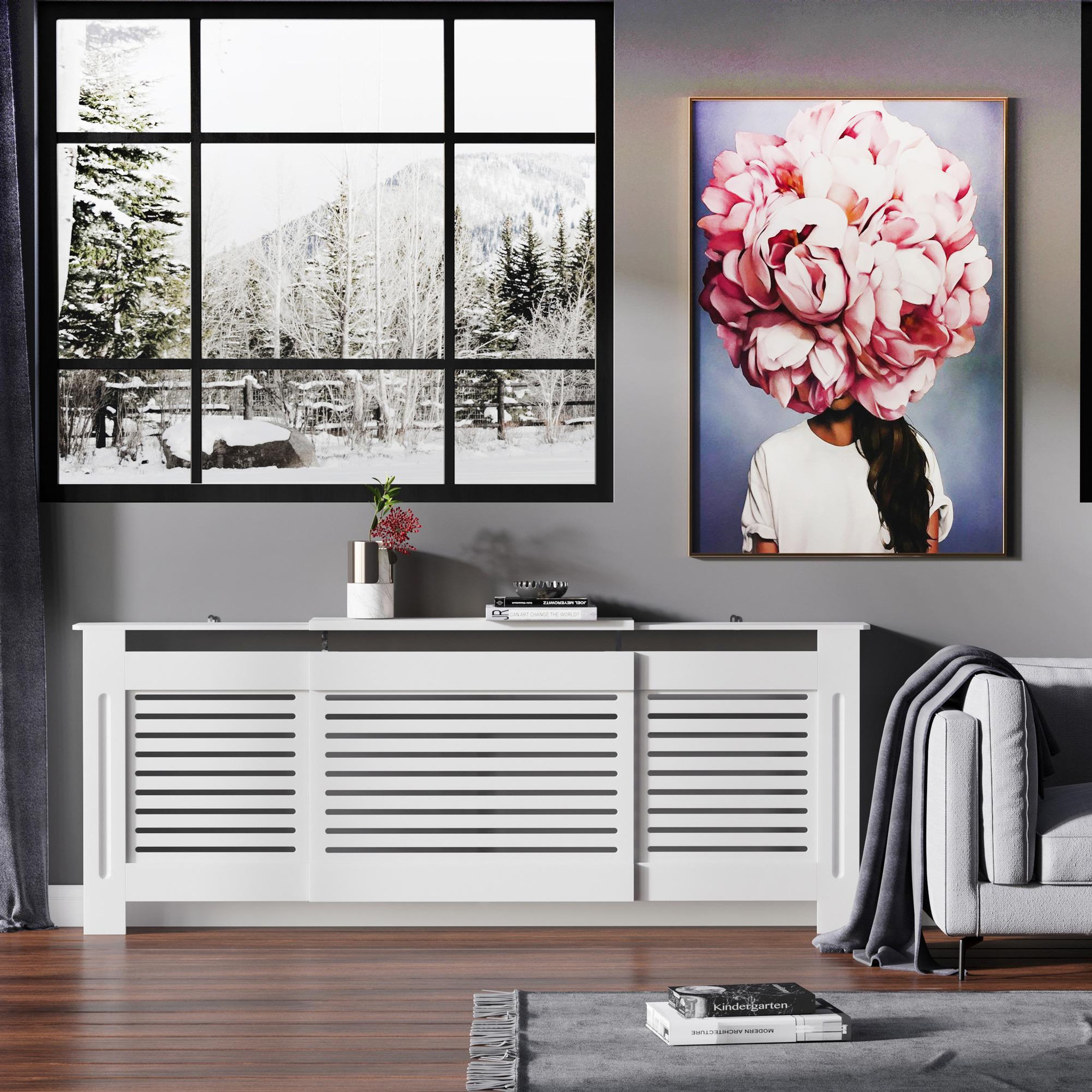 Voir la diapositive 2 : HOMCOM Cache-radiateur design contemporain longueur extensible 139-208,5L x 20,5I x 82,5H cm MDF blanc