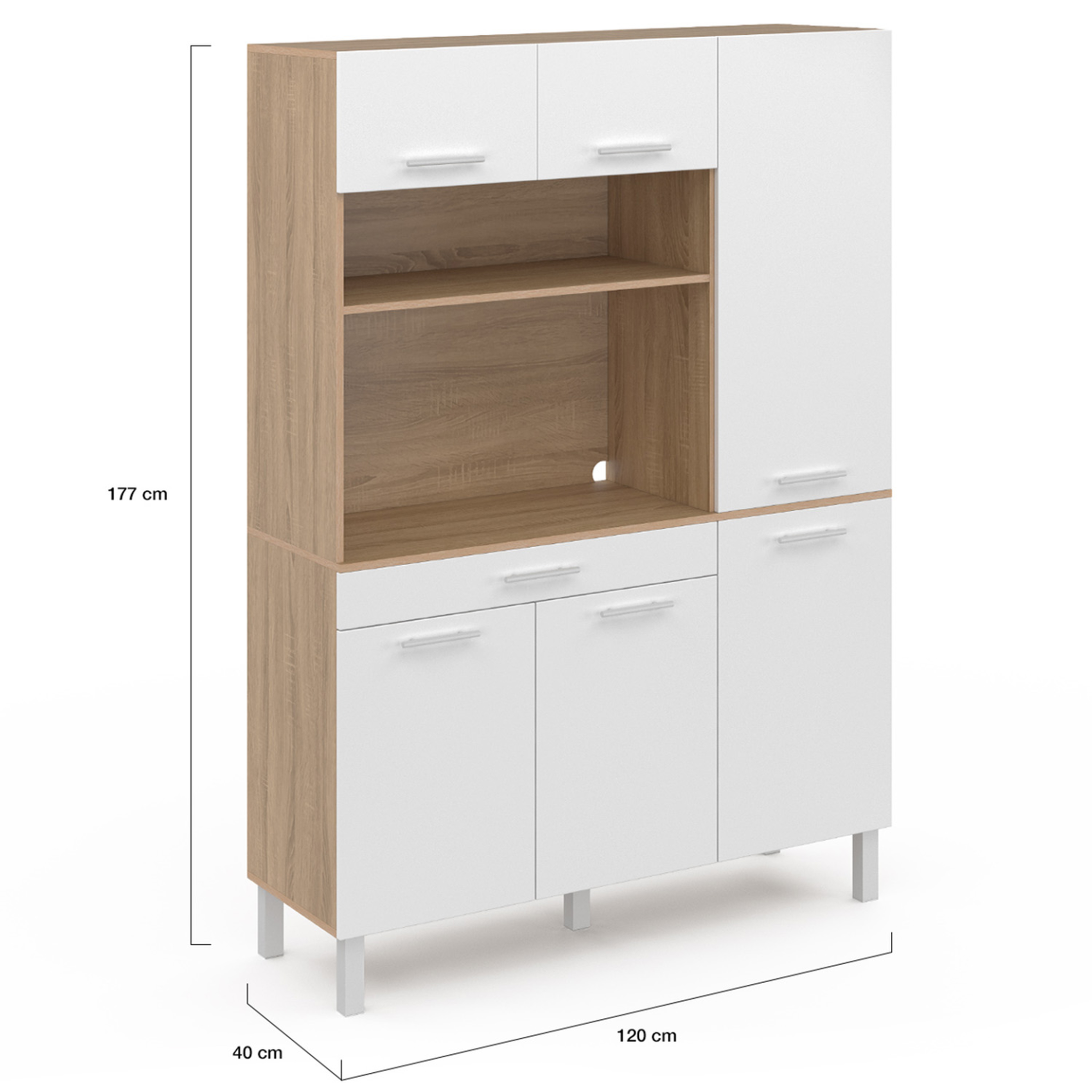 Voir la diapositive 5 : ID MARKET Buffet de cuisine avec colonne de rangement 120 cm cina 6 portes + tiroir façon hêtre et blanc
