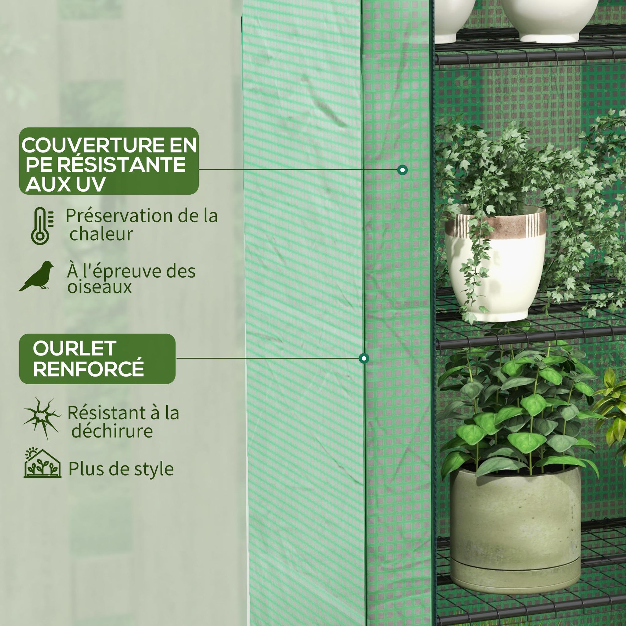 Voir la diapositive 6 : OUTSUNNY Mini serre de jardin serre de balcon serre à 4 étages avec châssis en acier & bâche en pe renforcée, intérieur et extérieur portable porte enroulable, 120 x 50 x 170 cm, vert