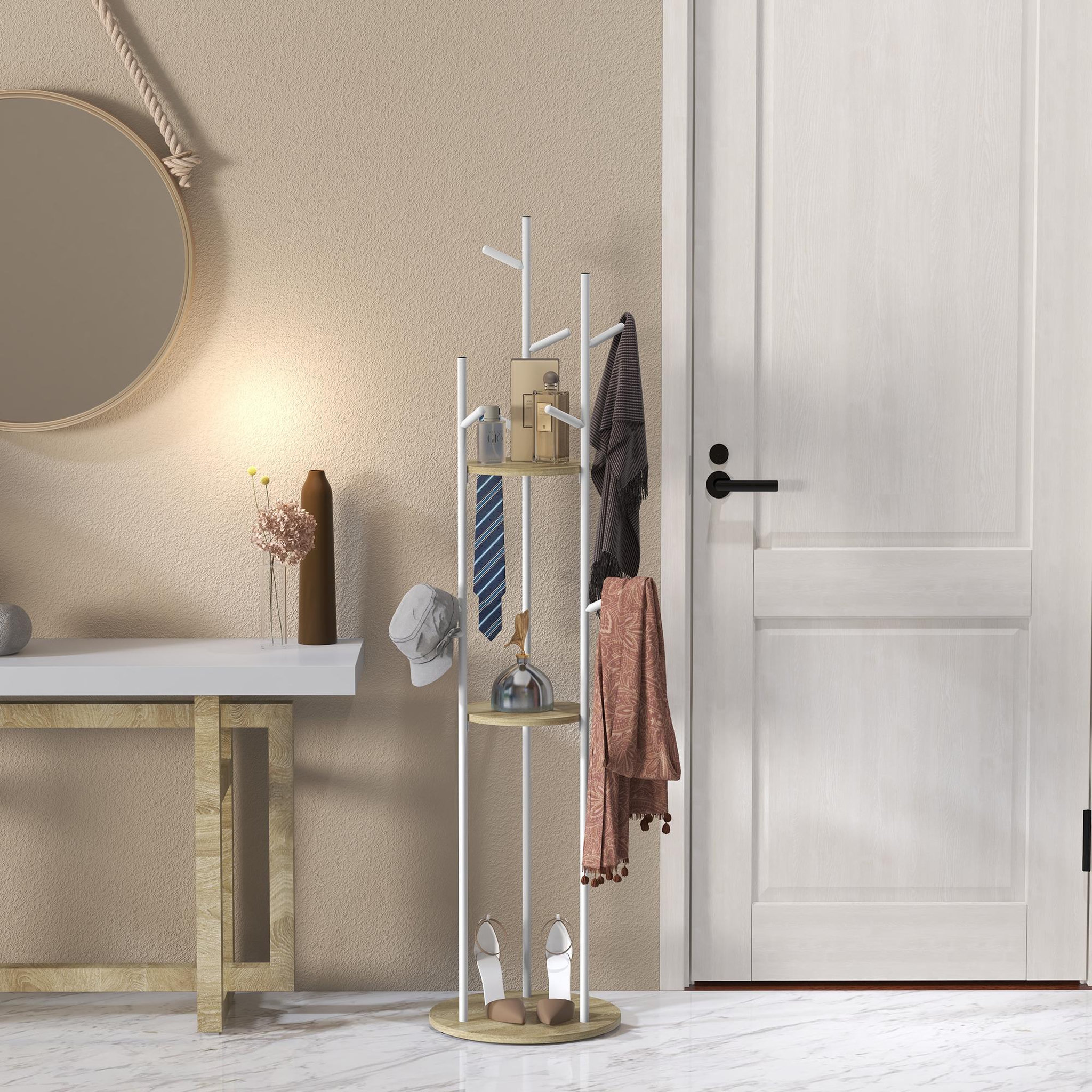 Voir la diapositive 4 : HOMCOM Porte-manteau design contemporain branches 2 étagères 9 patères Ø 40 x 167H cm aspect chêne clair acier blanc