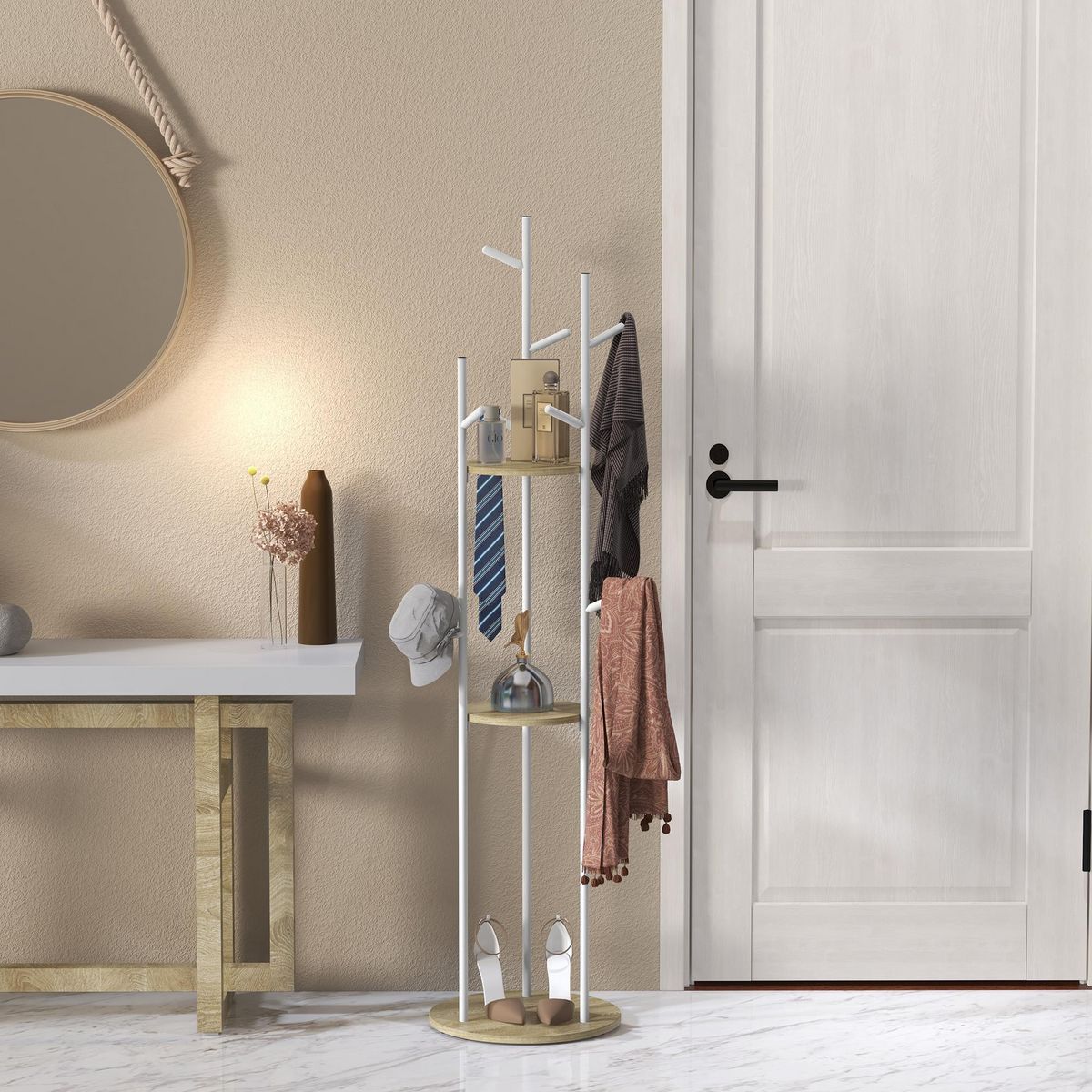 HOMCOM Porte-manteau design contemporain branches 2 étagères 9 patères Ø 40 x 167H cm aspect chêne clair acier blanc